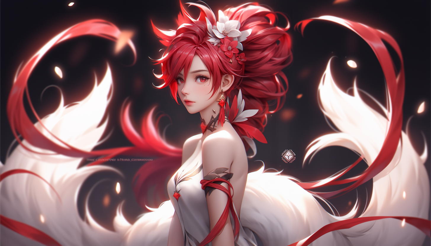 Anime 1456x832 AI art redhead anime girls long hair flower in hair fox girl fox tail digital art