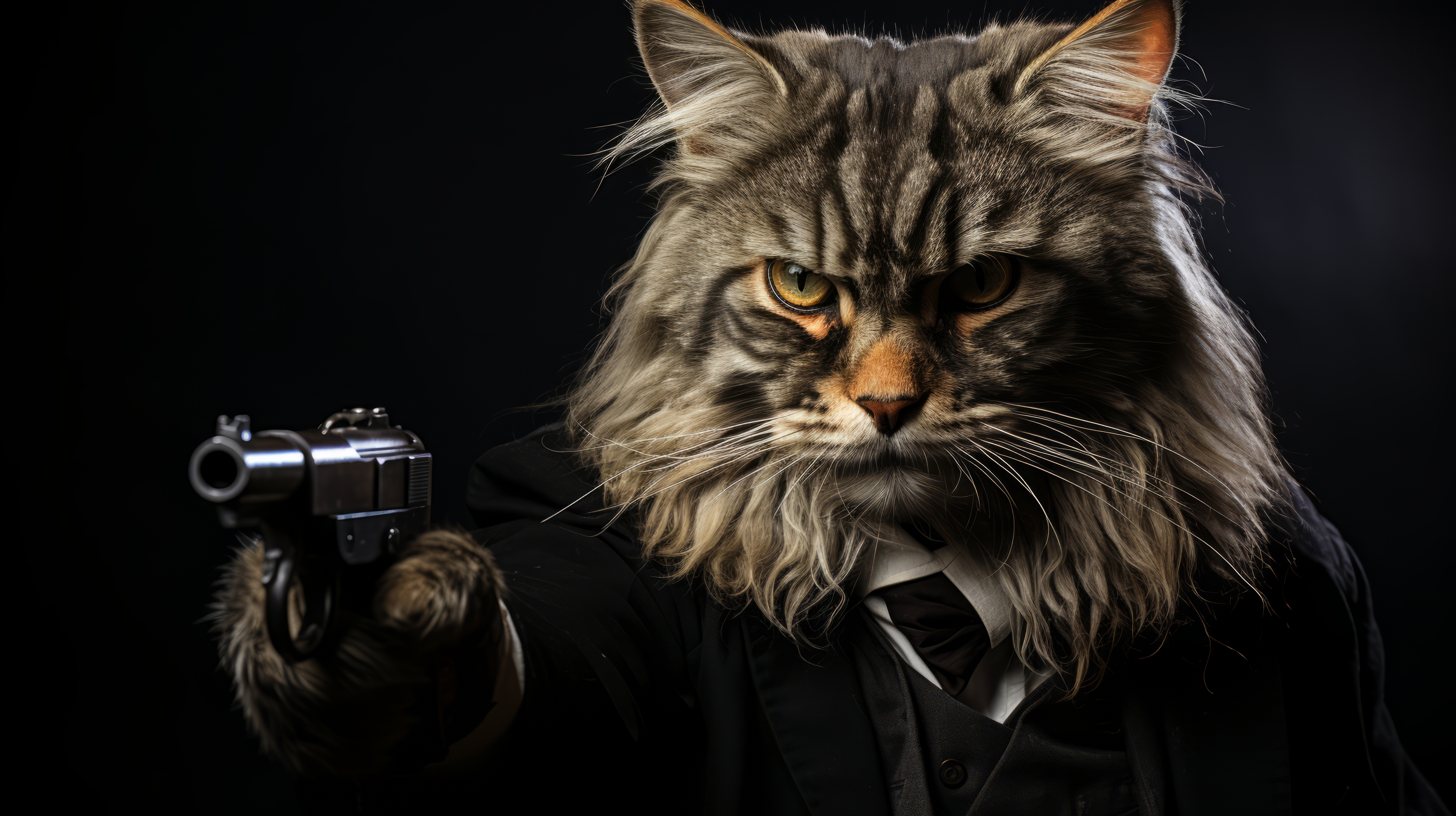 General 2912x1632 AI art cats suit and tie gun gangster digital art animals minimalism simple background fur looking at viewer