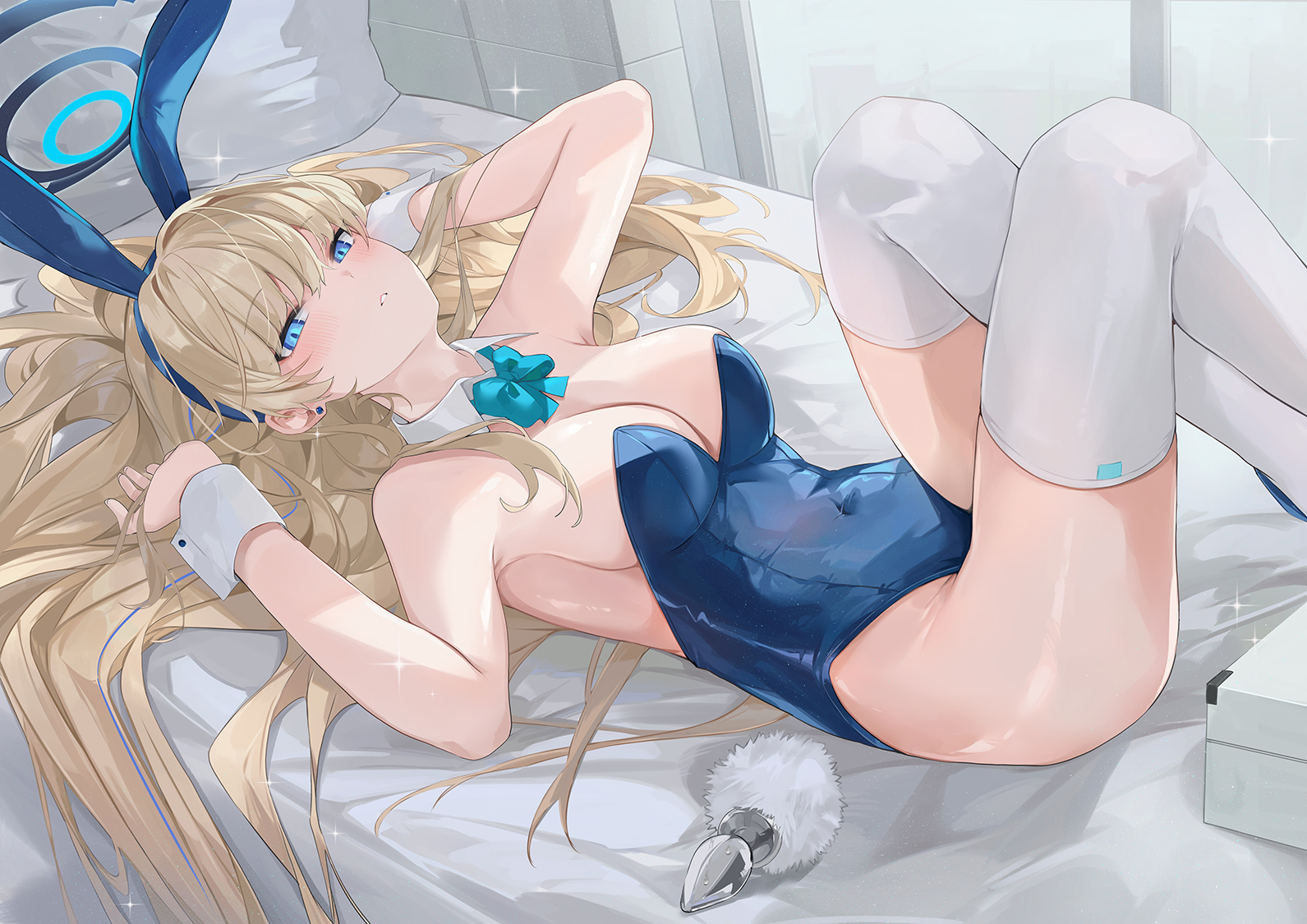 Anime 1591x1125 Asuma Toki (Blue Archive) Blue Archive Dema Hmw bunny girl white stockings blue leotard leotard lying down lying on back looking at viewer blue eyes bunny suit bunny ears bow tie big boobs stockings long hair blonde blushing thighs stars bed pillow ear piercing