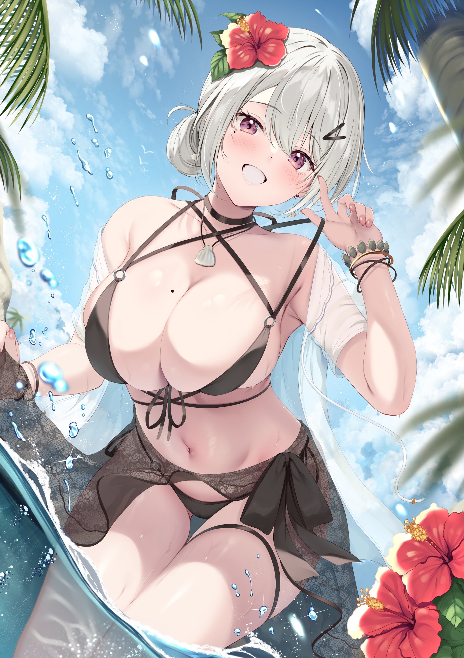 Anime 1518x2150 anime girls portrait display swimwear black bikinis big boobs cleavage water drops flowers hibiscus hair ornament water looking at viewer flower in hair smiling pulling clothing clouds mole on breast choker standing in water sarong open mouth pink eyes necklace bracelets Tomoo leaves mole under eye wet thigh strap Skindentation the gap string bikini belly button belly white hair blushing thighs moles sky