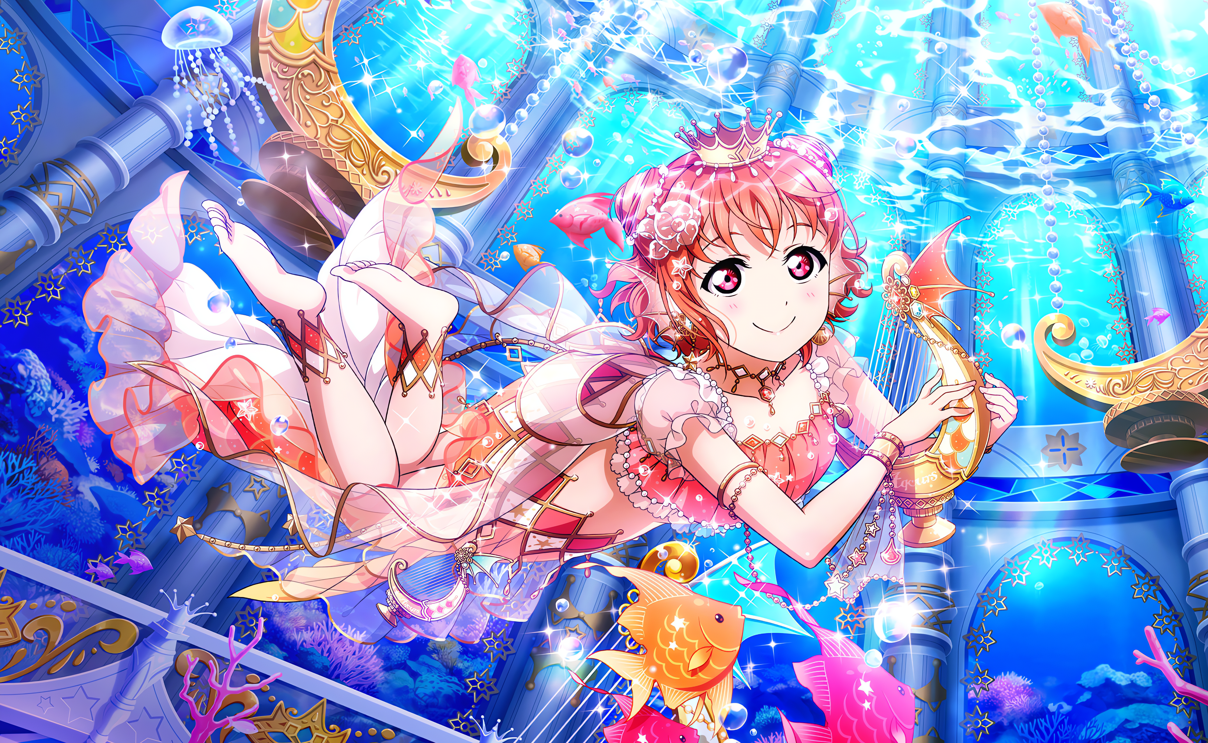 Anime 4096x2520 Takami Chika Love Live! Love Live! Sunshine anime anime girls smiling underwater in water water sunlight musical instrument harp looking at viewer crown coral fish animals jellyfish hairbun short hair bracelets jewelry feet foot sole
