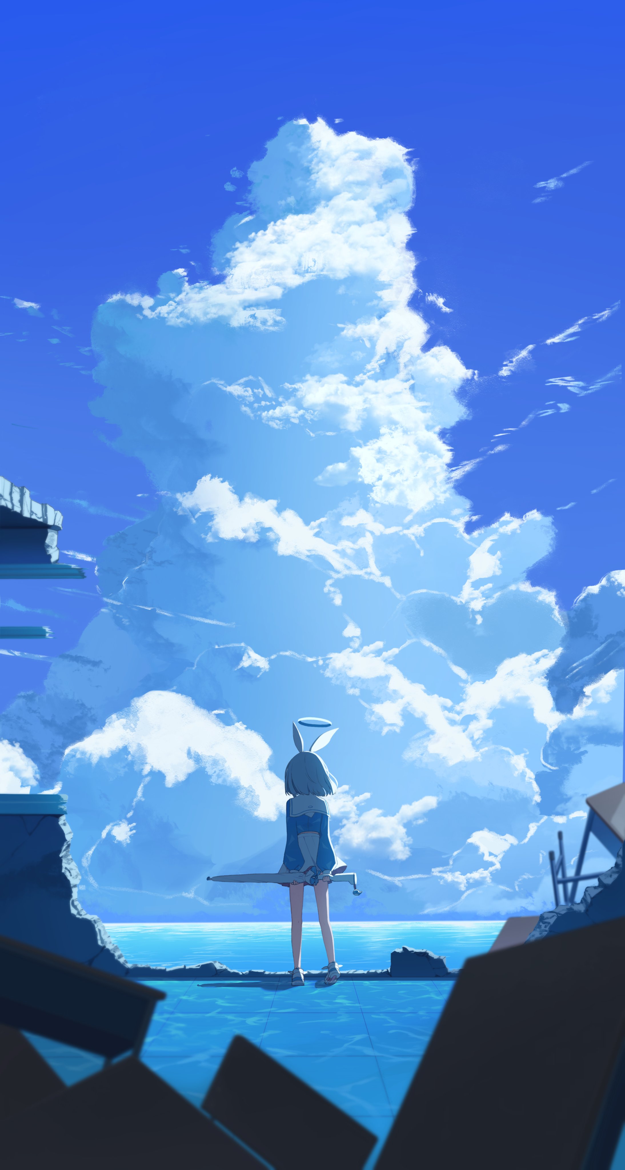 Anime 2188x4096 anime girls anime games clouds portrait display Arona (Blue Archive) blue background sky Blue Archive halo fan art sailor uniform short hair skirt standing