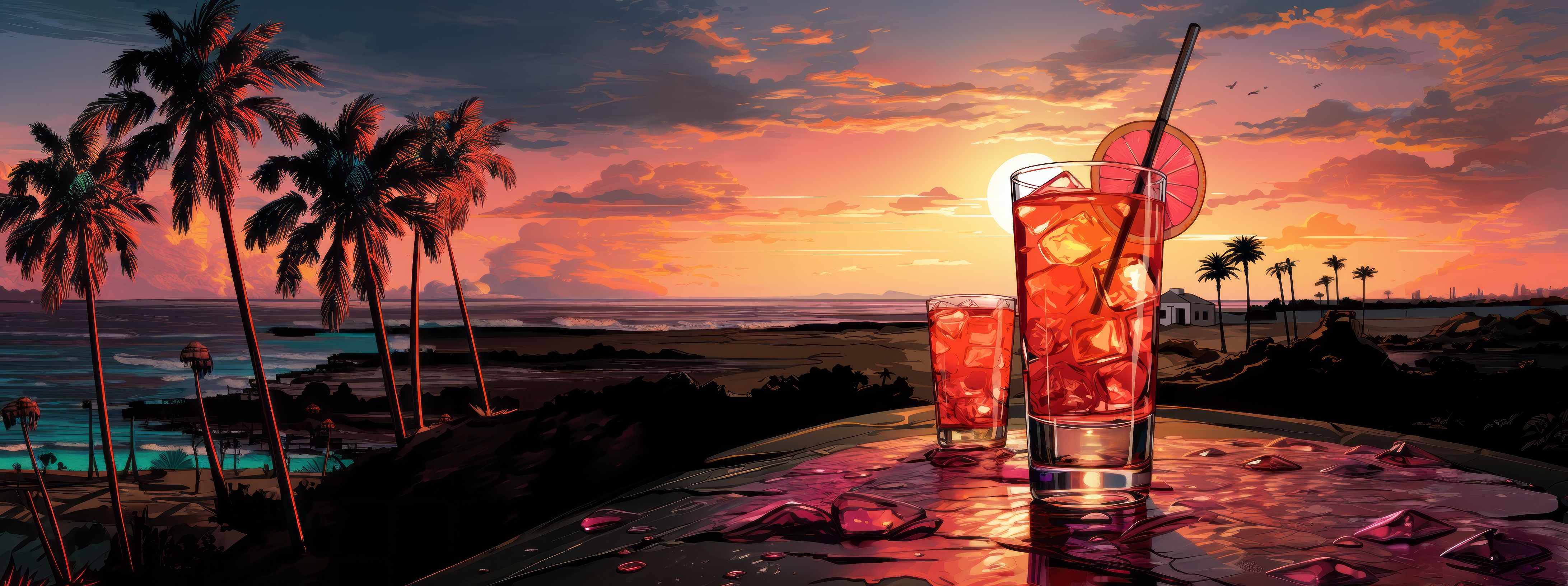 General 4368x1632 AI art illustration drink sunset palm trees digital art sunset glow clouds sky ice cubes water Sun