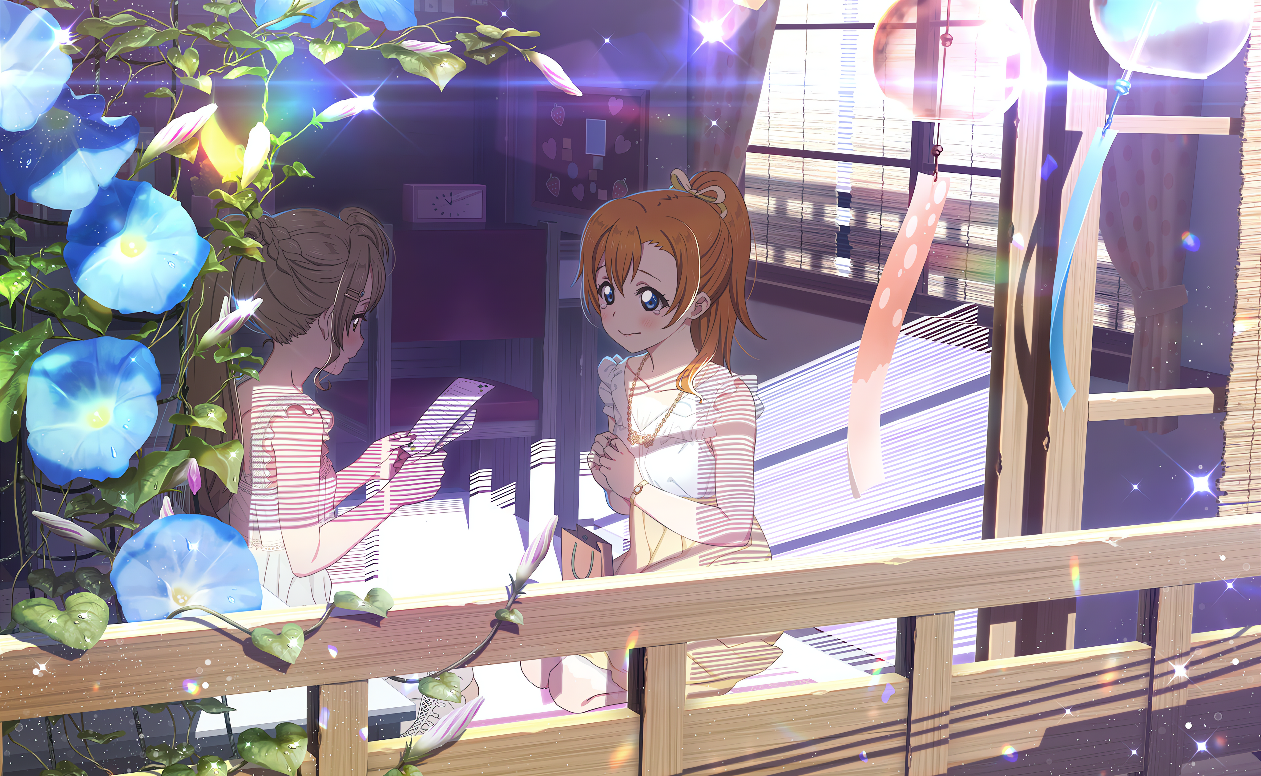Anime 4096x2520 Kousaka Honoka Love Live! anime anime girls blushing tears leaves sunlight stars necklace bag flowers sitting