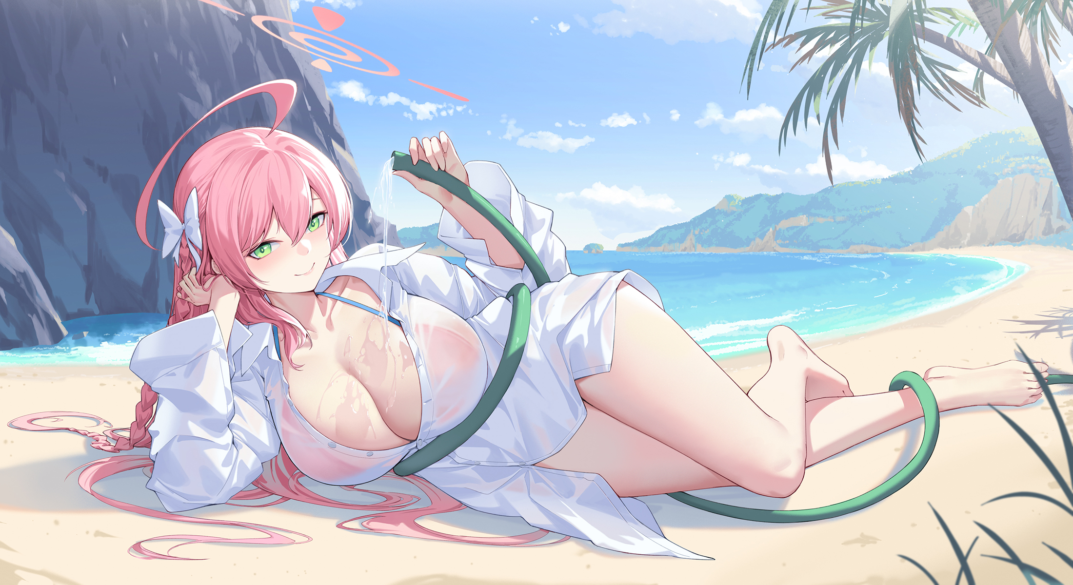 Anime 2200x1200 anime anime girls Hanako (Blue Archive) beach palm trees Blue Archive water waterhose sunlight sky clouds cleavage wet wet body wet clothing big boobs smiling looking at viewer braids bow tie leaves lying on side sand waves feet long hair