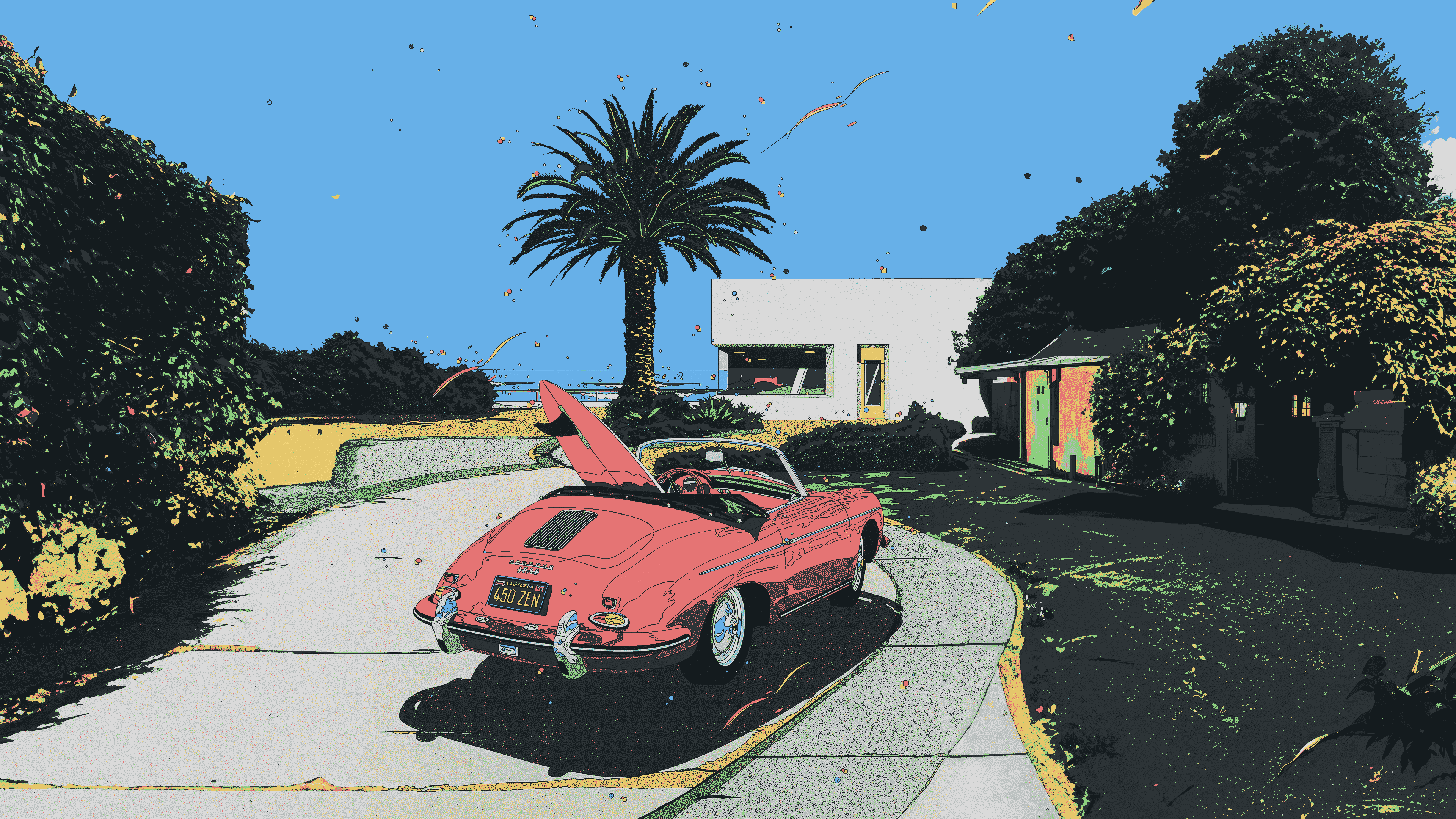 General 3840x2160 car cabriolet minimalism clear sky rear view vehicle palm trees licence plates digital art
