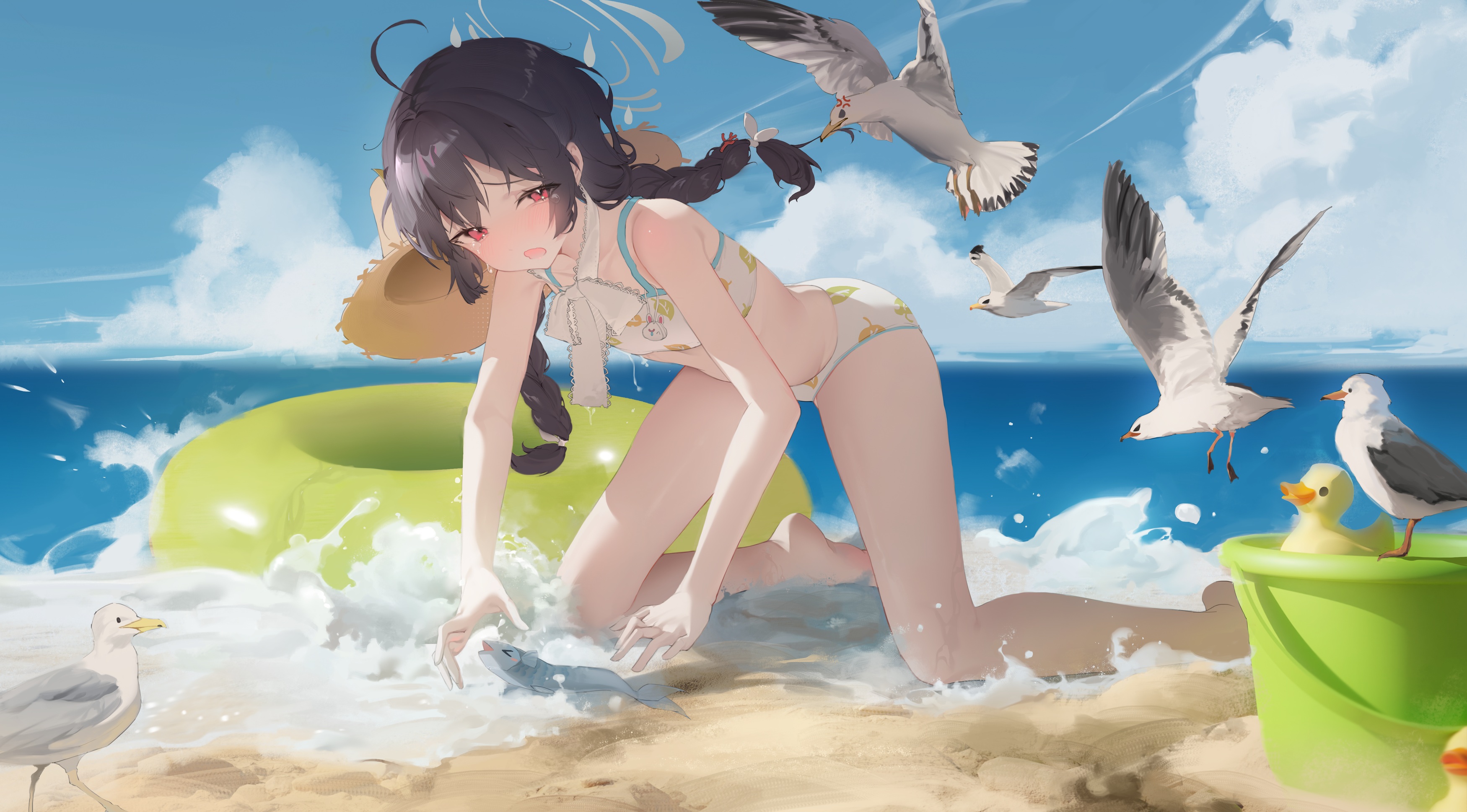 Anime 3500x1938 anime anime girls bikini beach seagulls Blue Archive Miyu Kasumizawa sky clouds water floater looking at viewer braids twintails animals bucket swimwear bent over fish tears crying sand petite bright