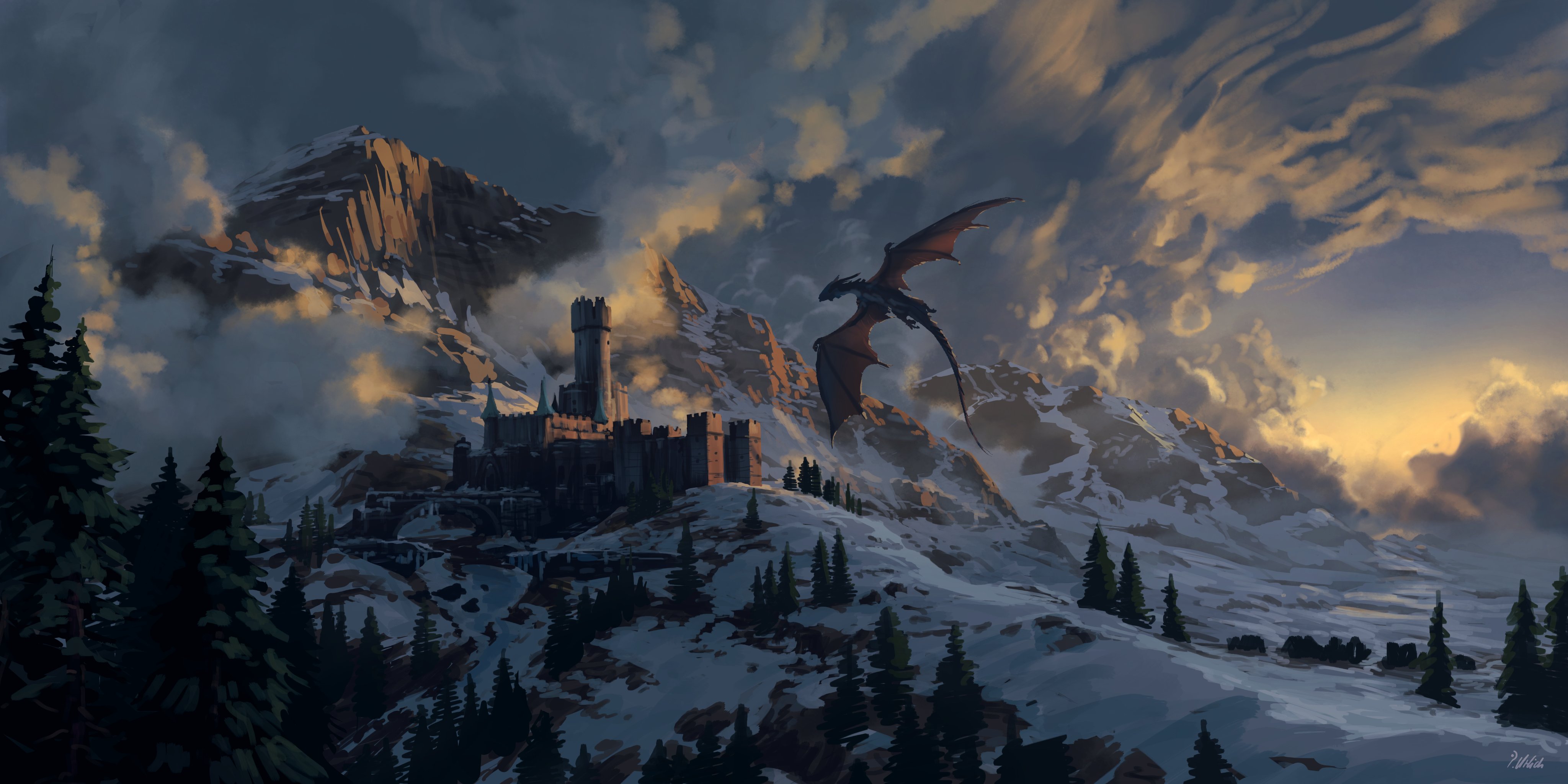 General 4096x2048 artwork digital art dragon medieval medieval art clouds mountains castle pine trees snow sky nature trees creature flying