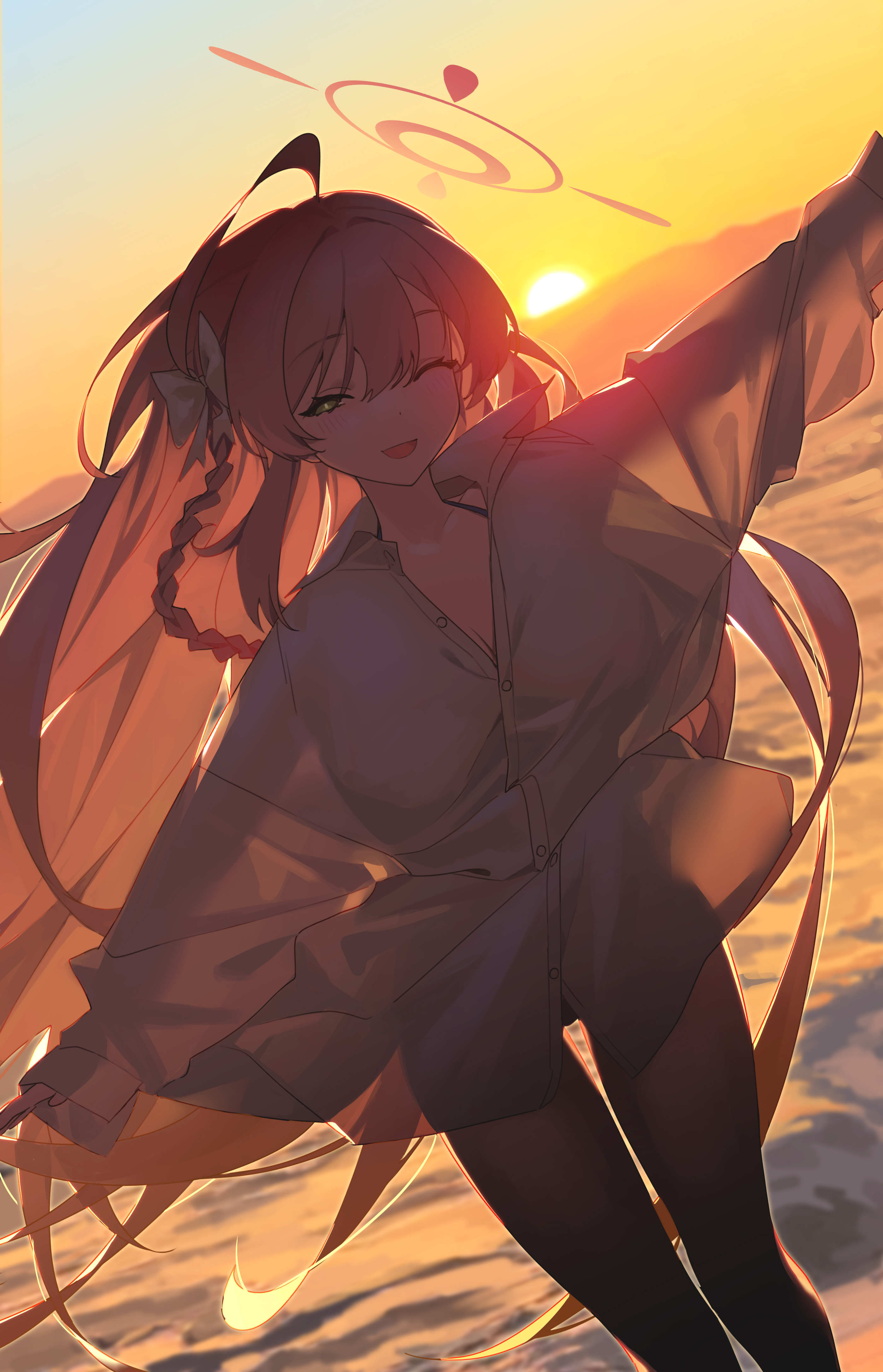Anime 2800x4350 anime anime girls portrait display long hair Blue Archive braids hair bows sunlight sunset sunset glow Hanako (blue archive) water one eye closed standing looking at viewer open mouth pink hair green eyes Sun