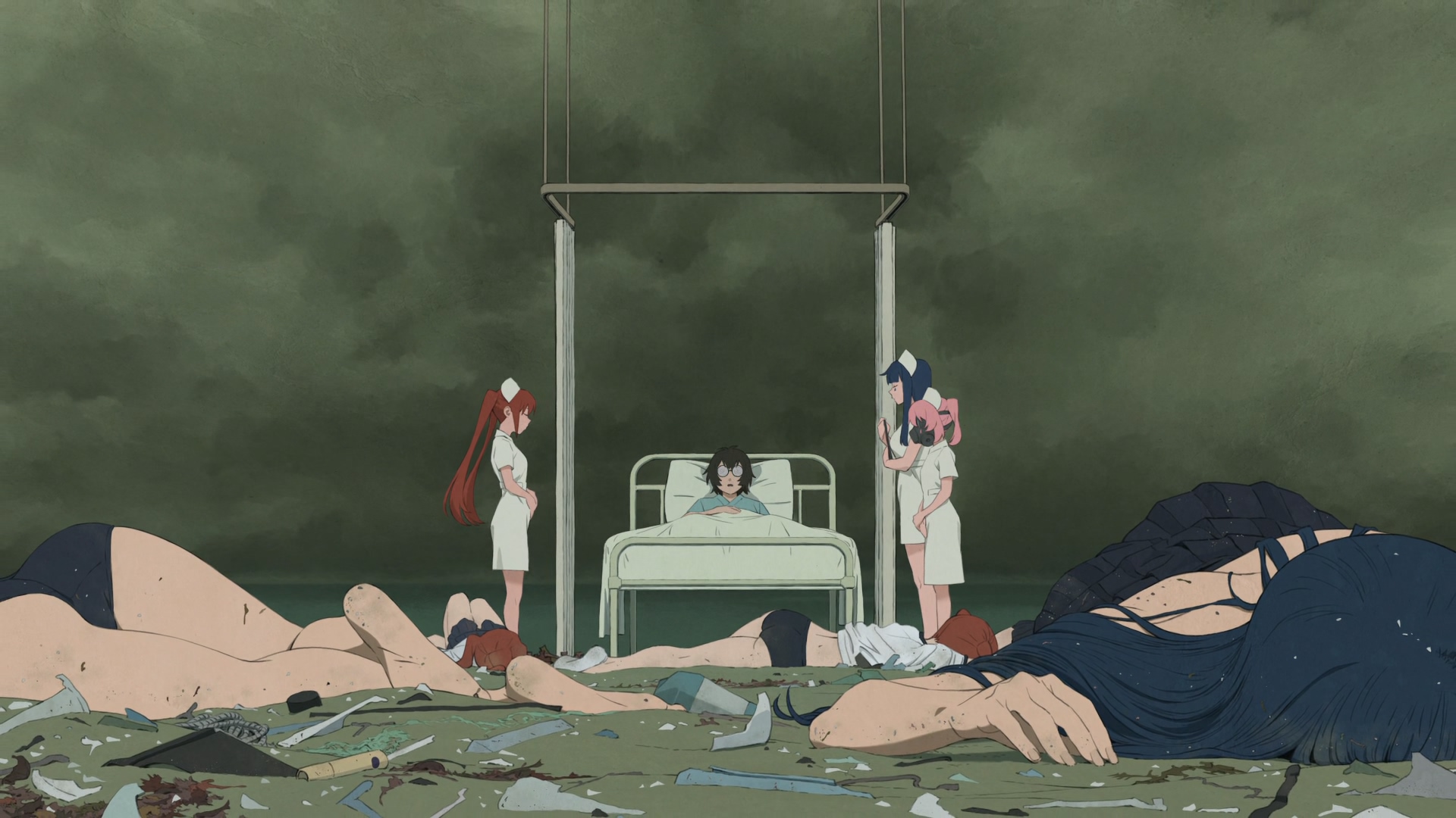 Anime 1920x1080 Mahou Shoujo Magical Destroyers anime Anime screenshot anime girls anime boys bed clouds messy nurses nurse outfit lying down lying on back