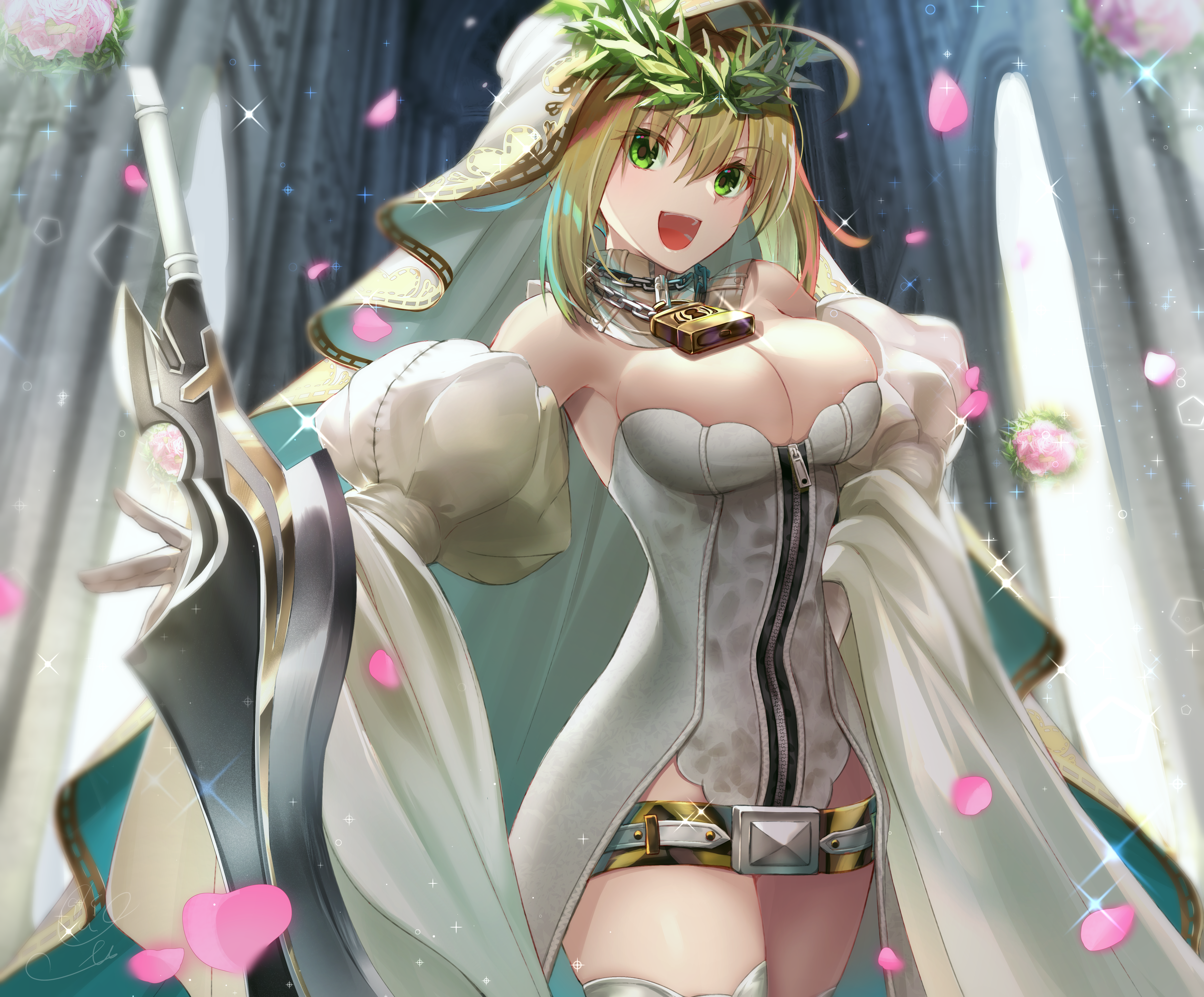 Anime 4944x4093 Fate series Fate/Grand Order anime girls Saber petals cleavage big boobs green eyes weapon blonde Nero Claudius Saber Bride Fate/Extra Fate/Extra CCC