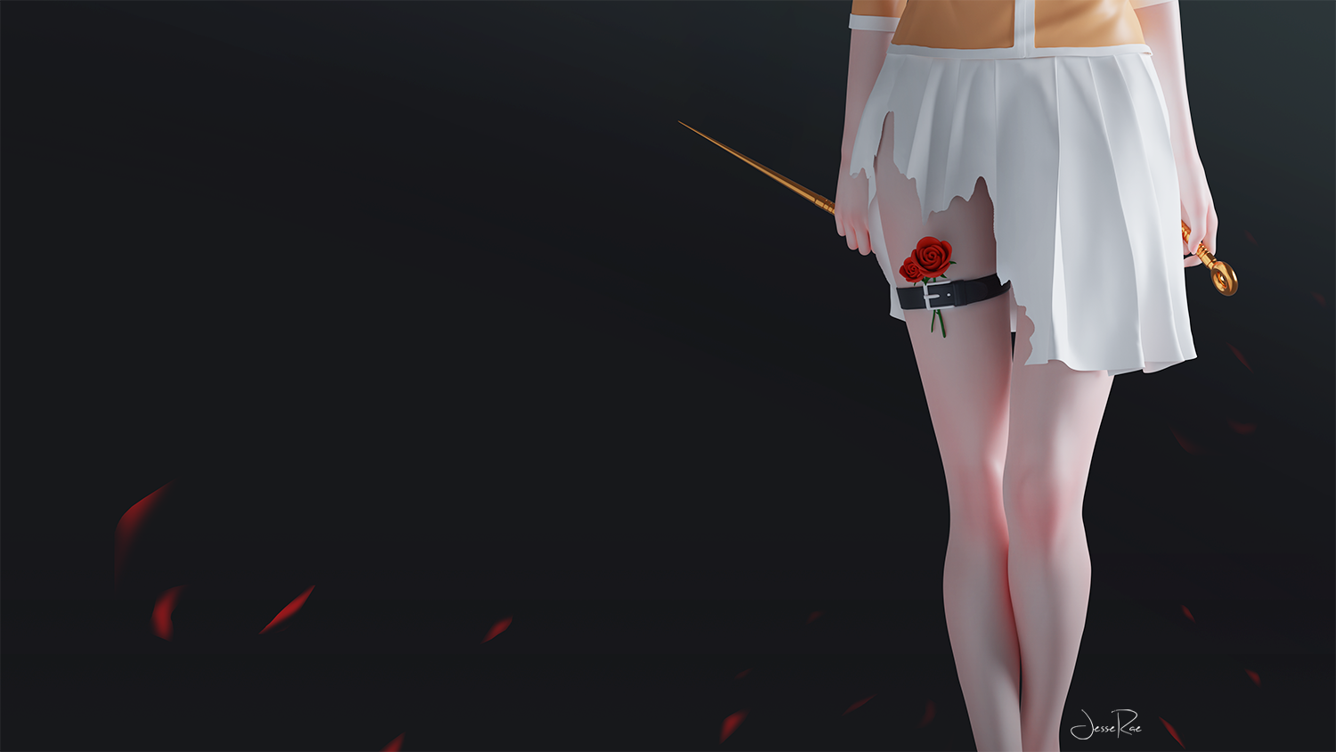 Anime 1500x844 skirt Spy x Family Yor Forger JesseRae simple background legs torn clothes flowers anime girls weapon signature torn skirt minimalism leg ring