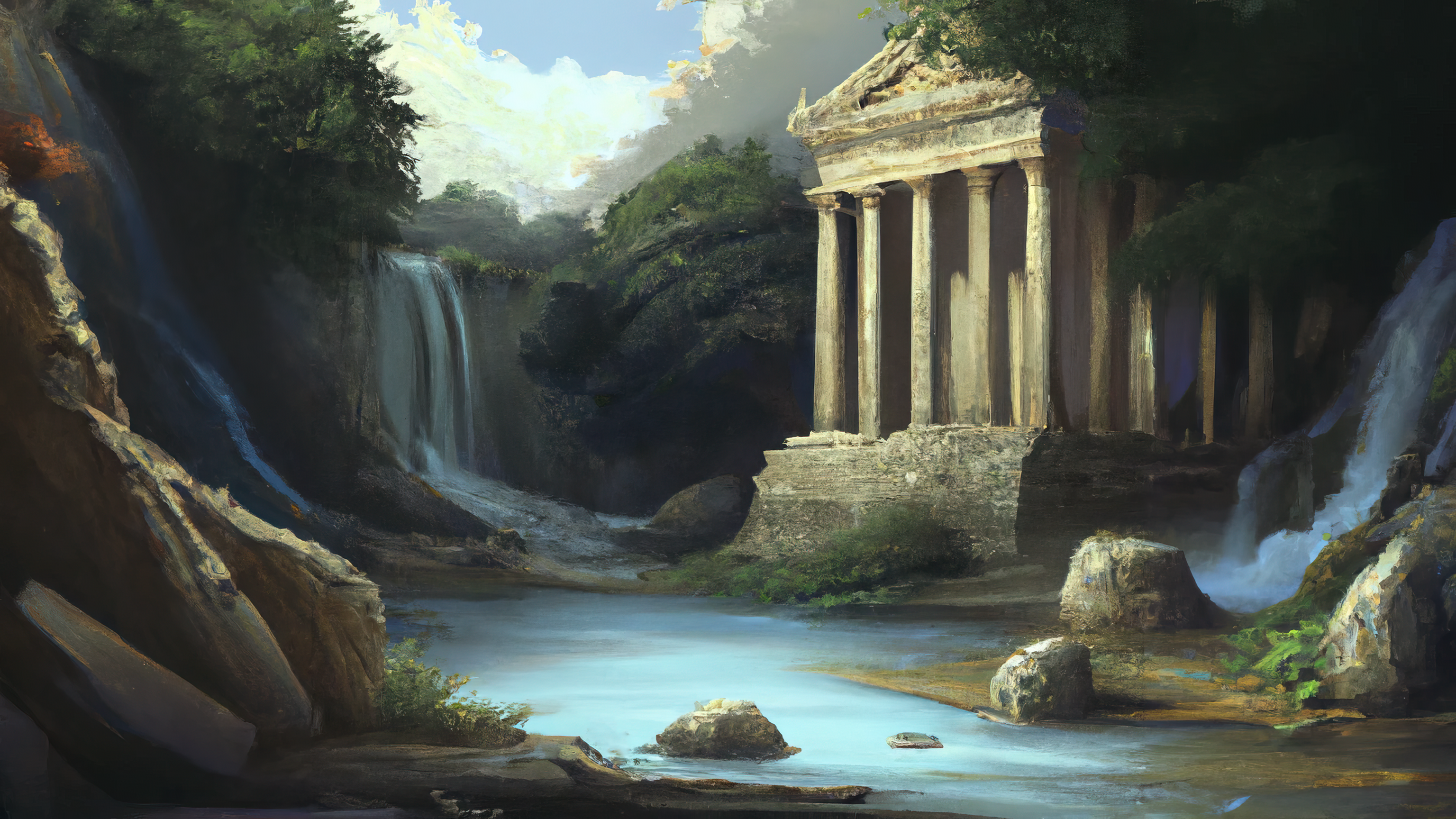 General 3072x1728 AI art painting temple ancient temple waterfall Rome Ancient Rome Greece ancient greece antiquity water
