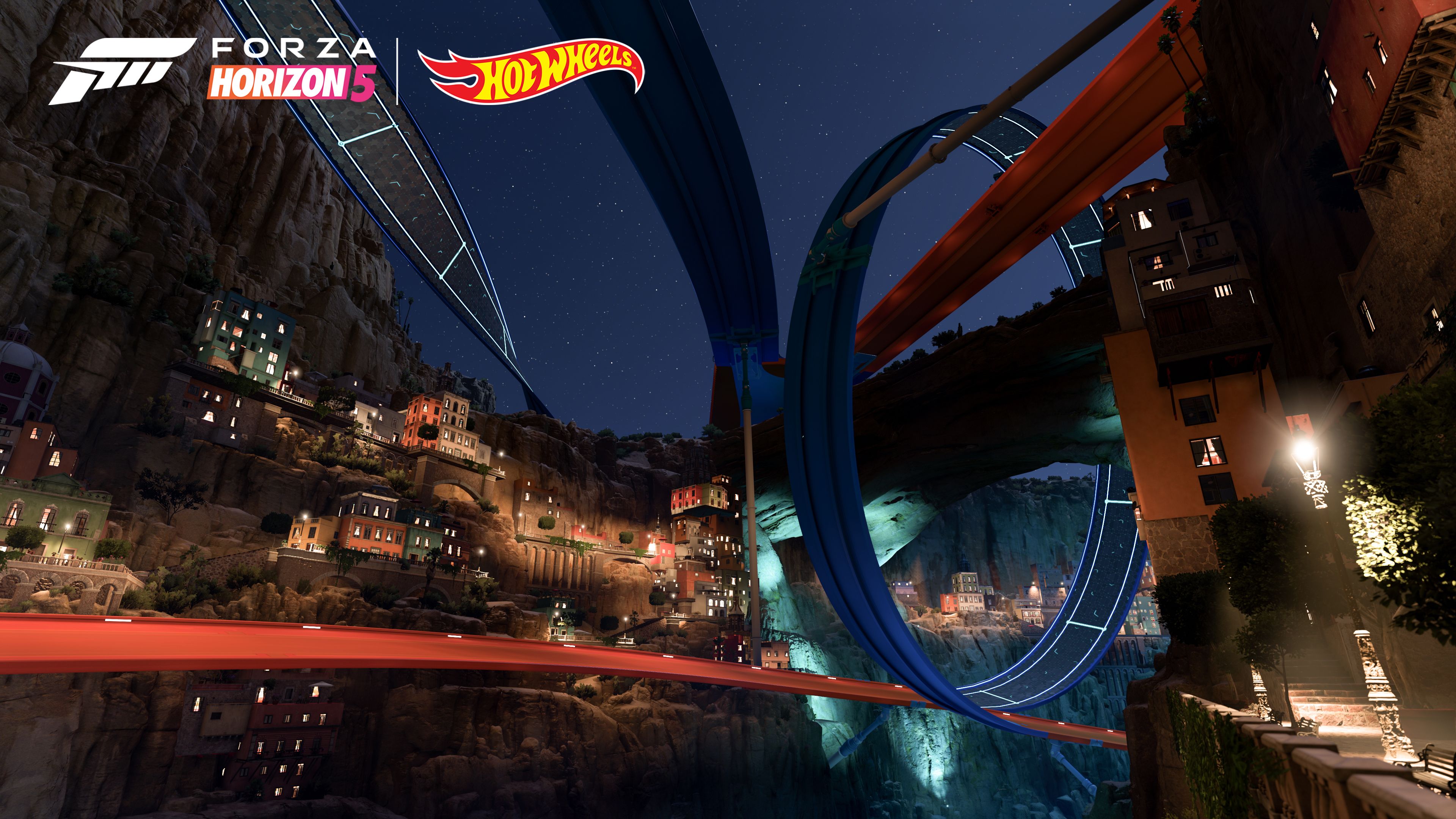 General 3840x2160 Forza Horizon 5 Hot Wheels video games watermarked race tracks CGI logo lights building