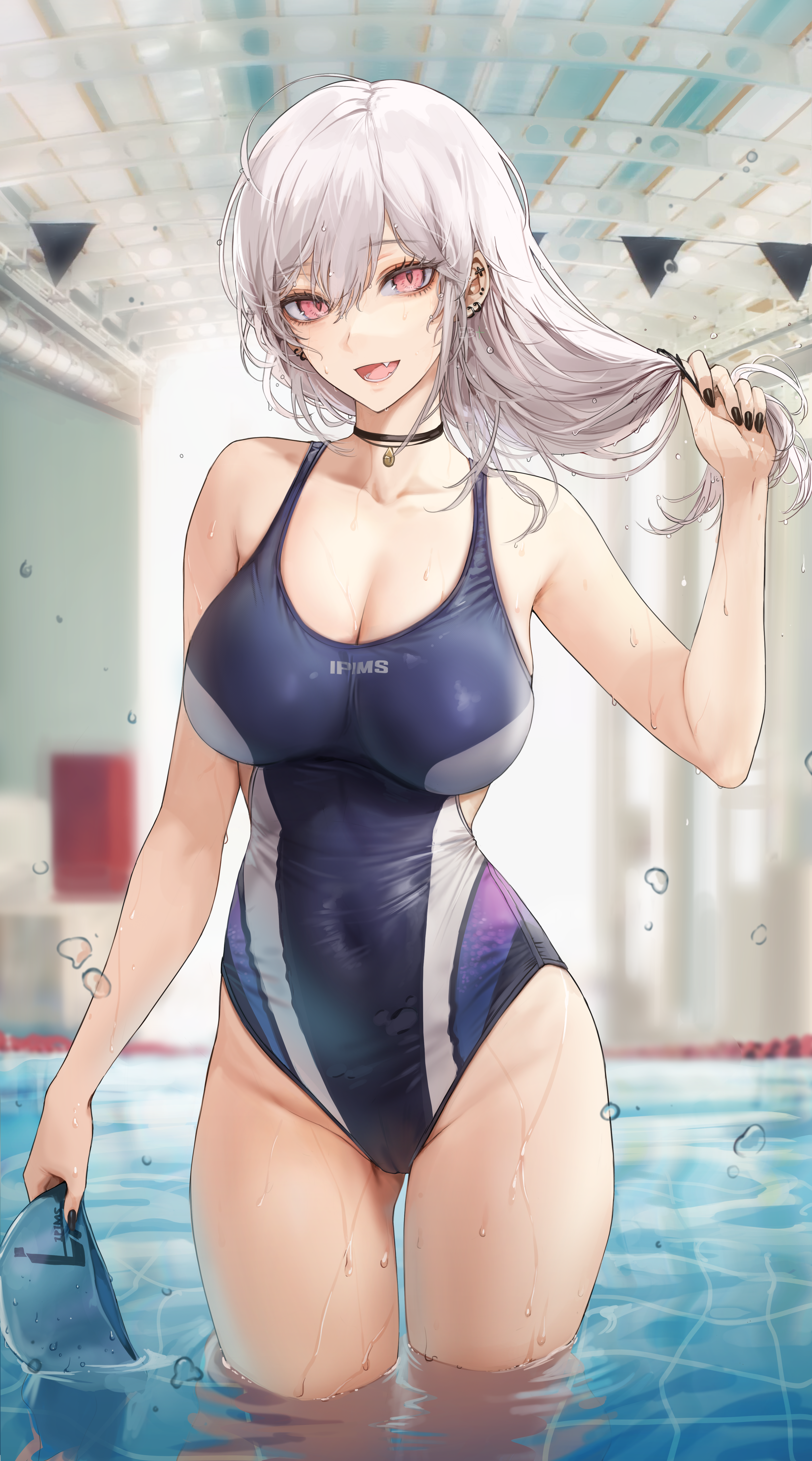 Anime 3639x6547 one-piece swimsuit swimwear big boobs silver hair pink eyes anime girls artwork EB+ water wet body