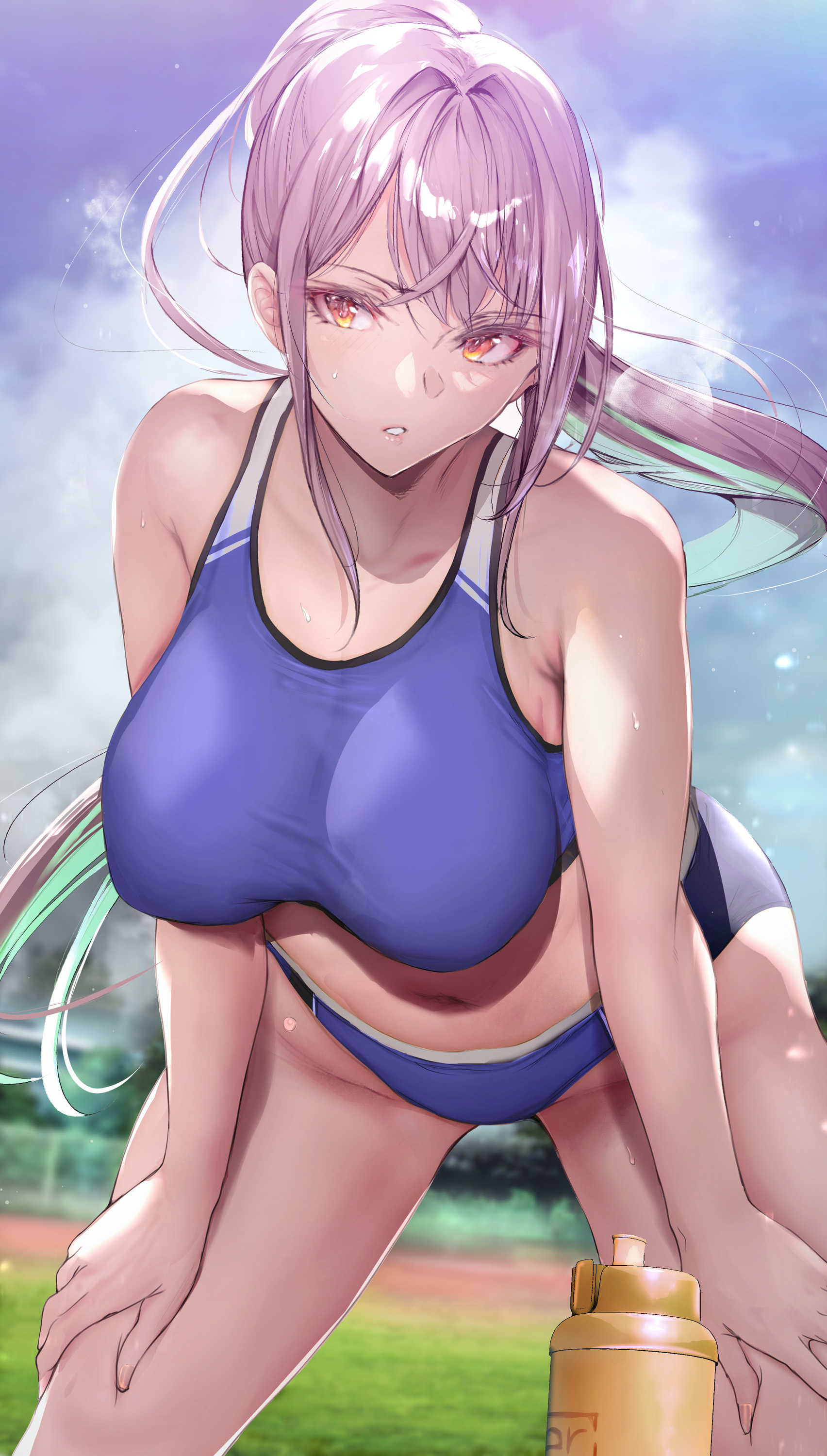 Anime 1704x3000 anime anime girls sports bra sports shorts purple eyes big boobs belly button ponytail Gentsuki
