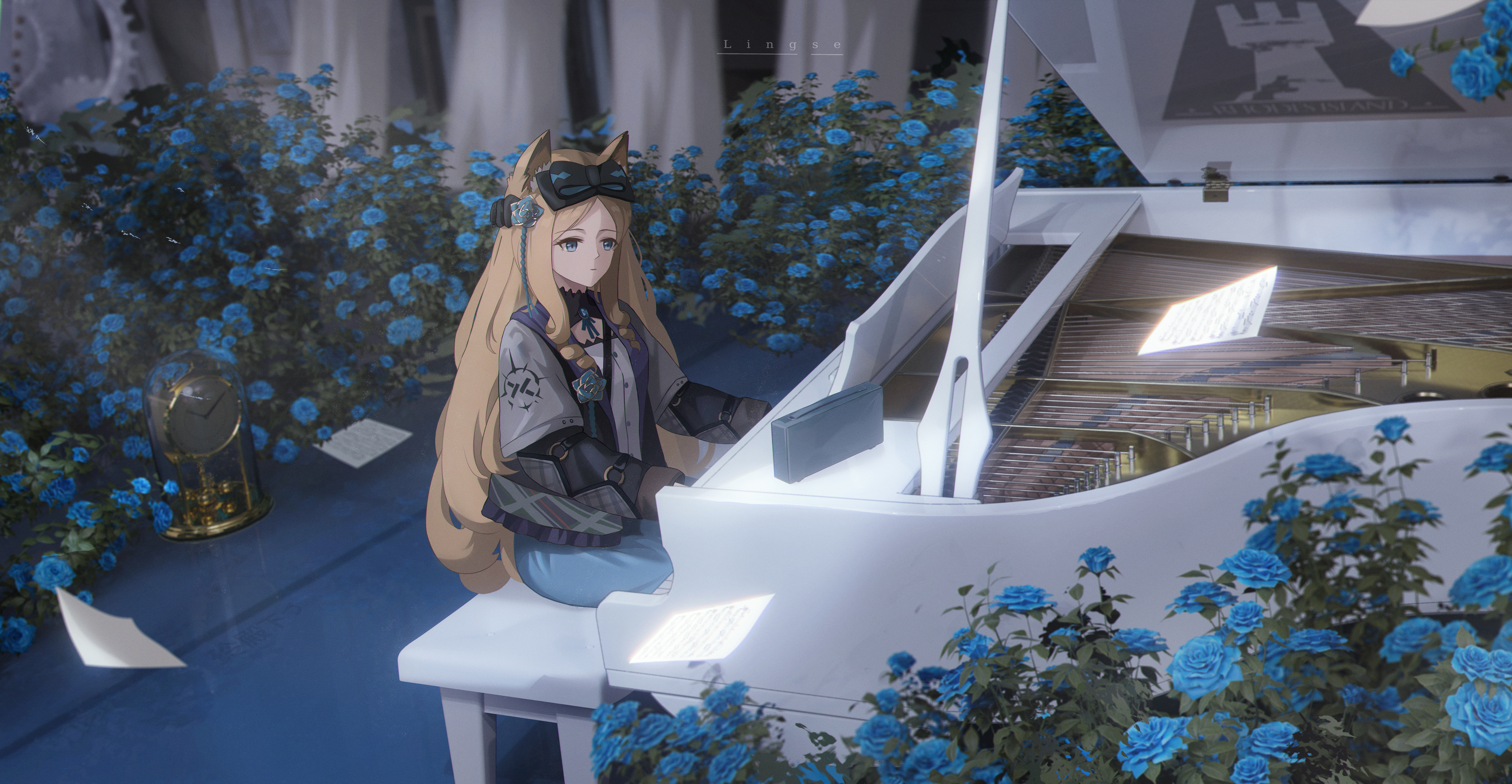 Anime 5400x2800 Arknights piano anime girls fox girl fox ears long hair blonde paper flowers blue rose rose blue eyes musical instrument