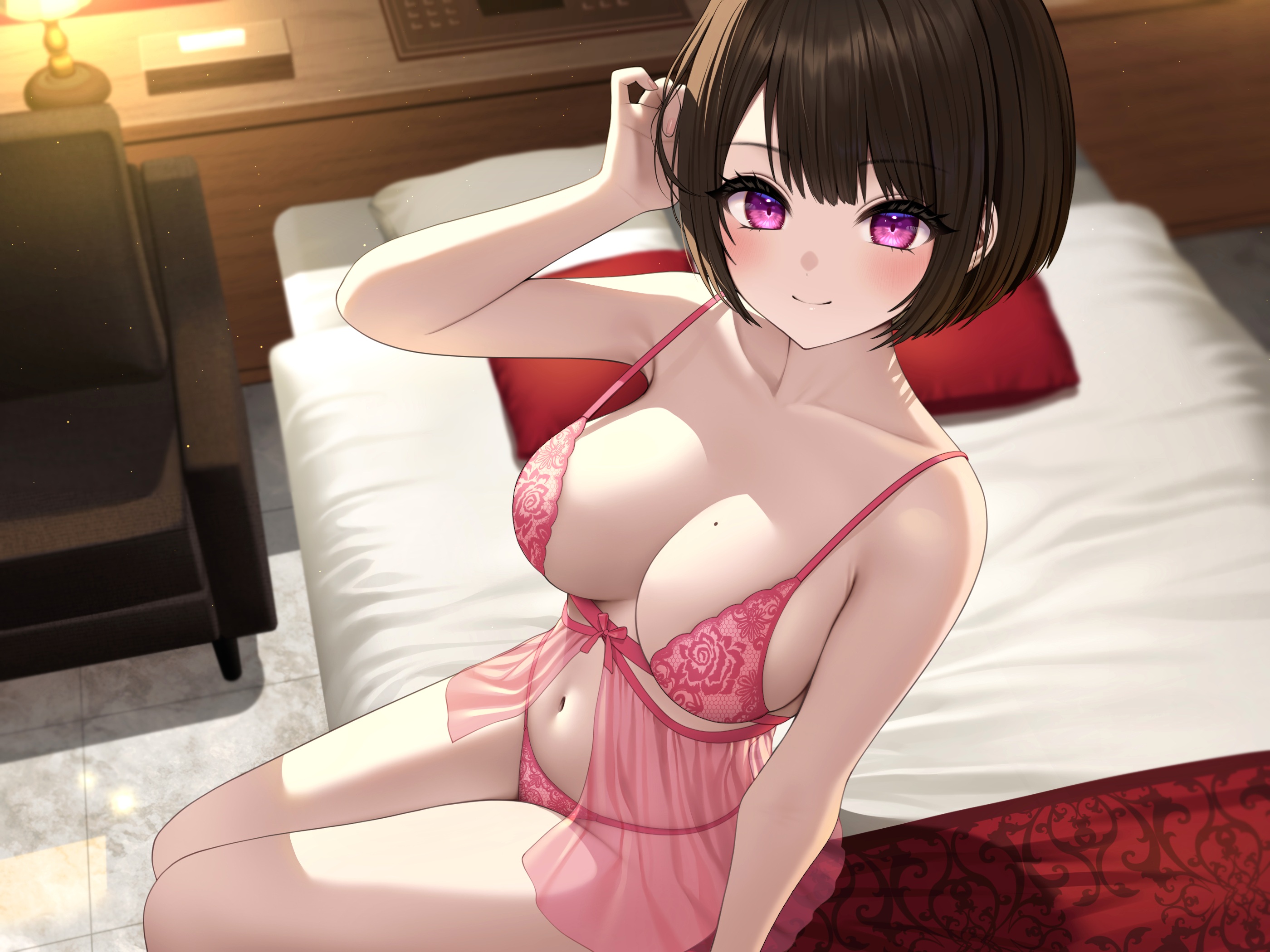 Anime 2800x2100 anime anime girls lingerie blushing moles purple eyes big boobs mole on breast bed belly button looking at viewer Kohanayuki