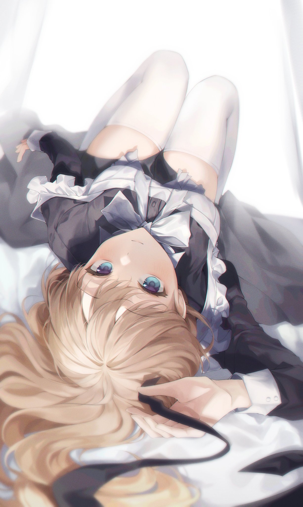 Anime 1226x2048 Asta anime girls lying on back portrait display looking at viewer long hair blonde blue eyes stockings bow tie