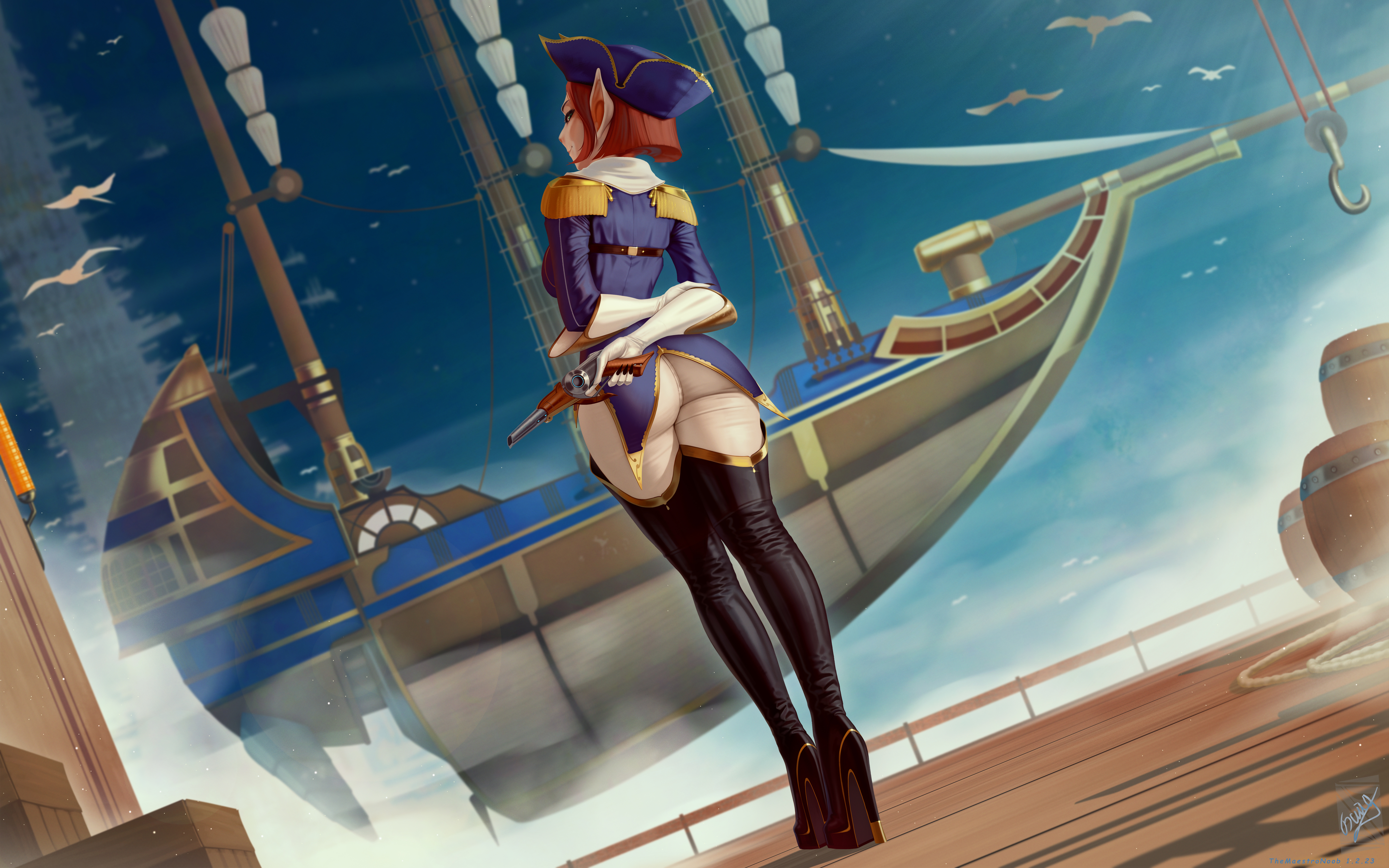 General 6000x3750 Captain Amelia Treasure Planet Disney fantasy girl fictional character 2D artwork drawing fan art TheMaestroNoob ship thigh high boots pirate hat digital art watermarked