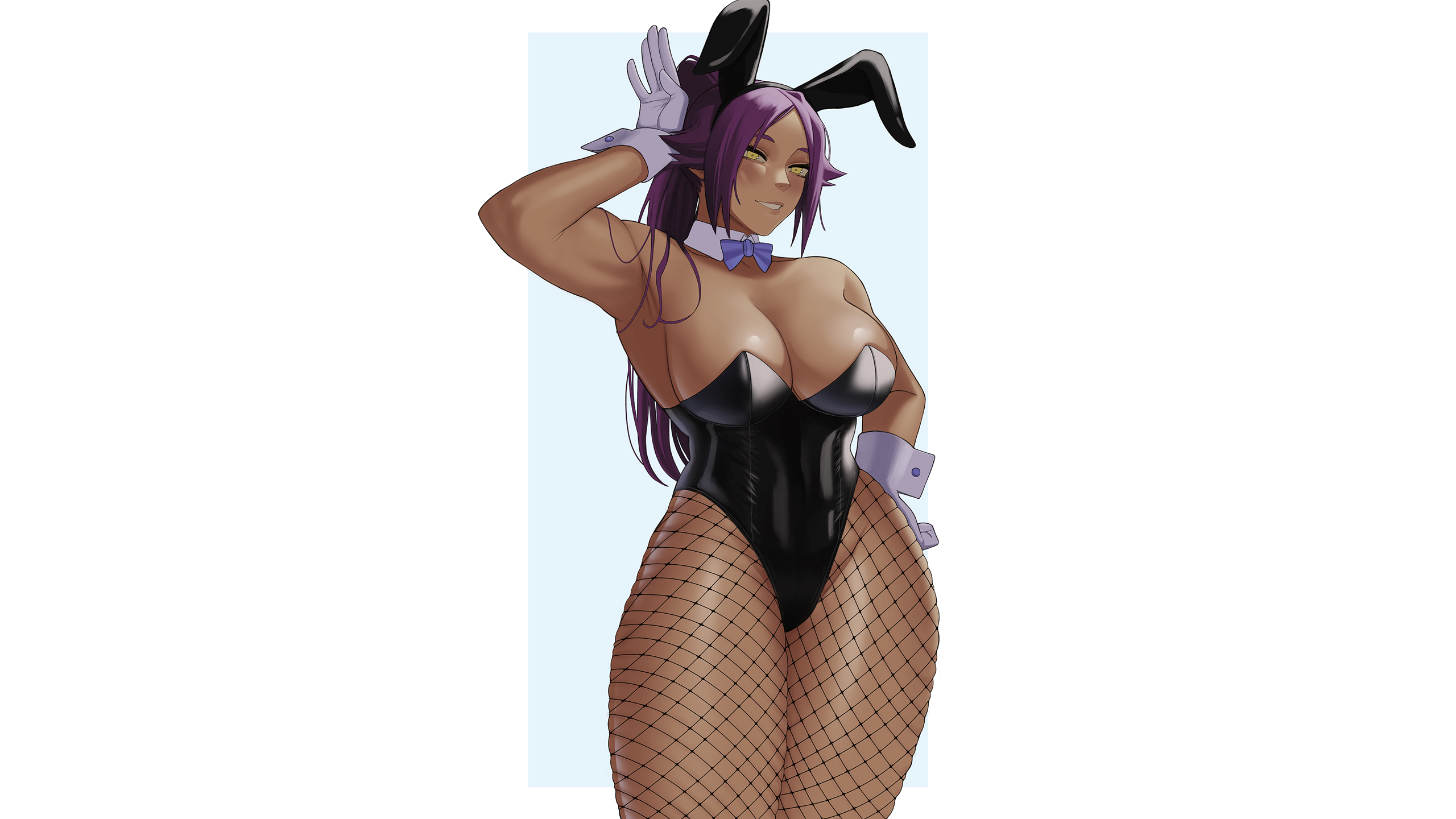 Anime 2560x1440 anime anime girls simple background minimalism white background Bleach Shihouin Yoruichi bunny girl bunny ears bunny suit leotard bodysuit black leotard black bodysuit fishnet big boobs boobs cleavage no bra thighs thick thigh fishnet pantyhose thigh-highs armpits dark skin muscular muscles gud0c gloves