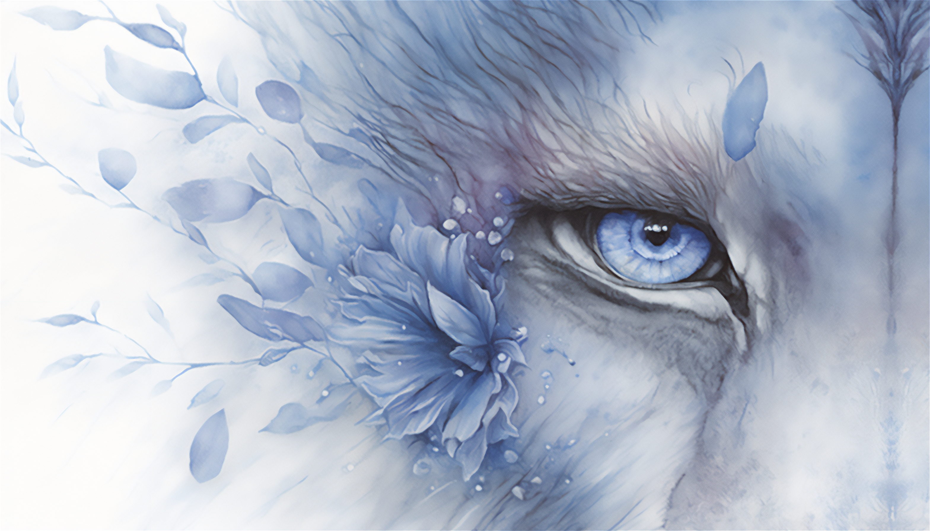 General 3136x1792 AI art lion watercolor flowers eyes animals blue eyes petals looking at viewer simple background
