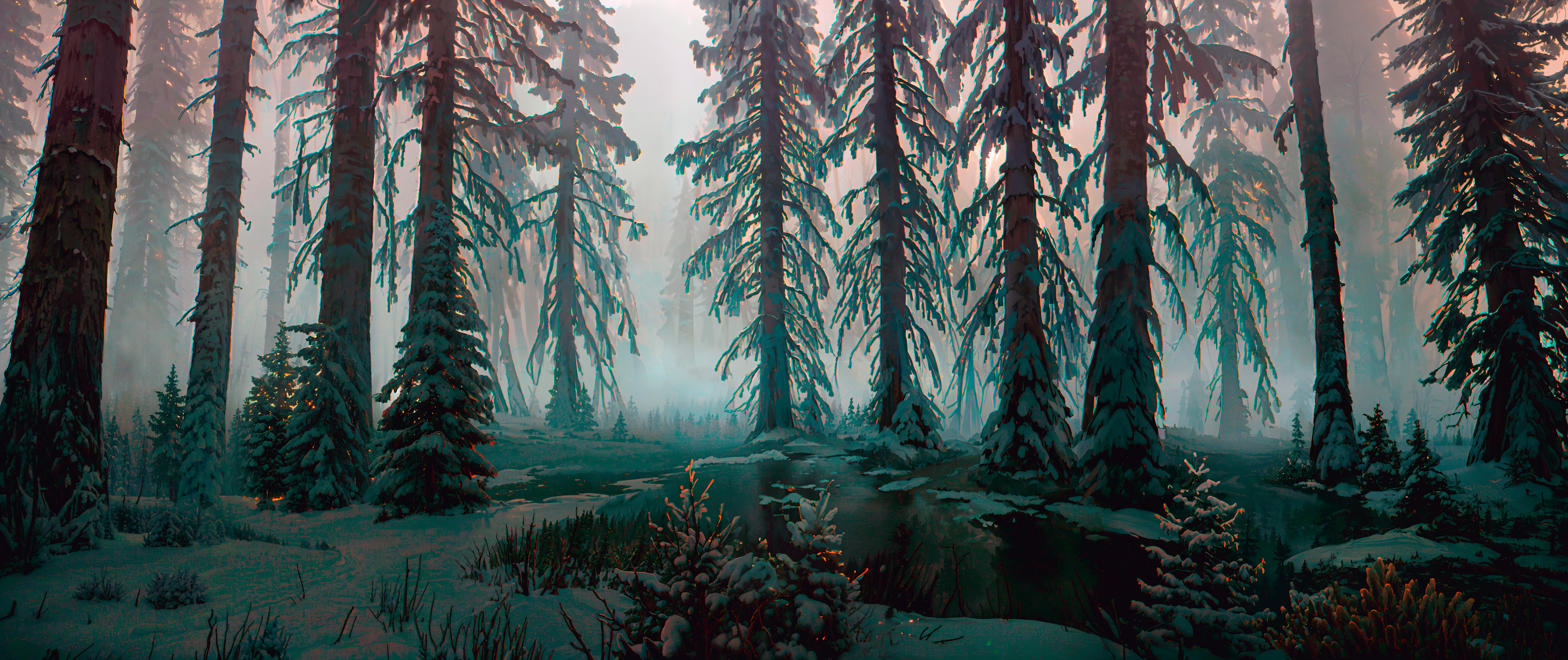 General 8192x3449 Stable Diffusion landscape forest snow swamp dark cold sunset nature trees digital art AI art