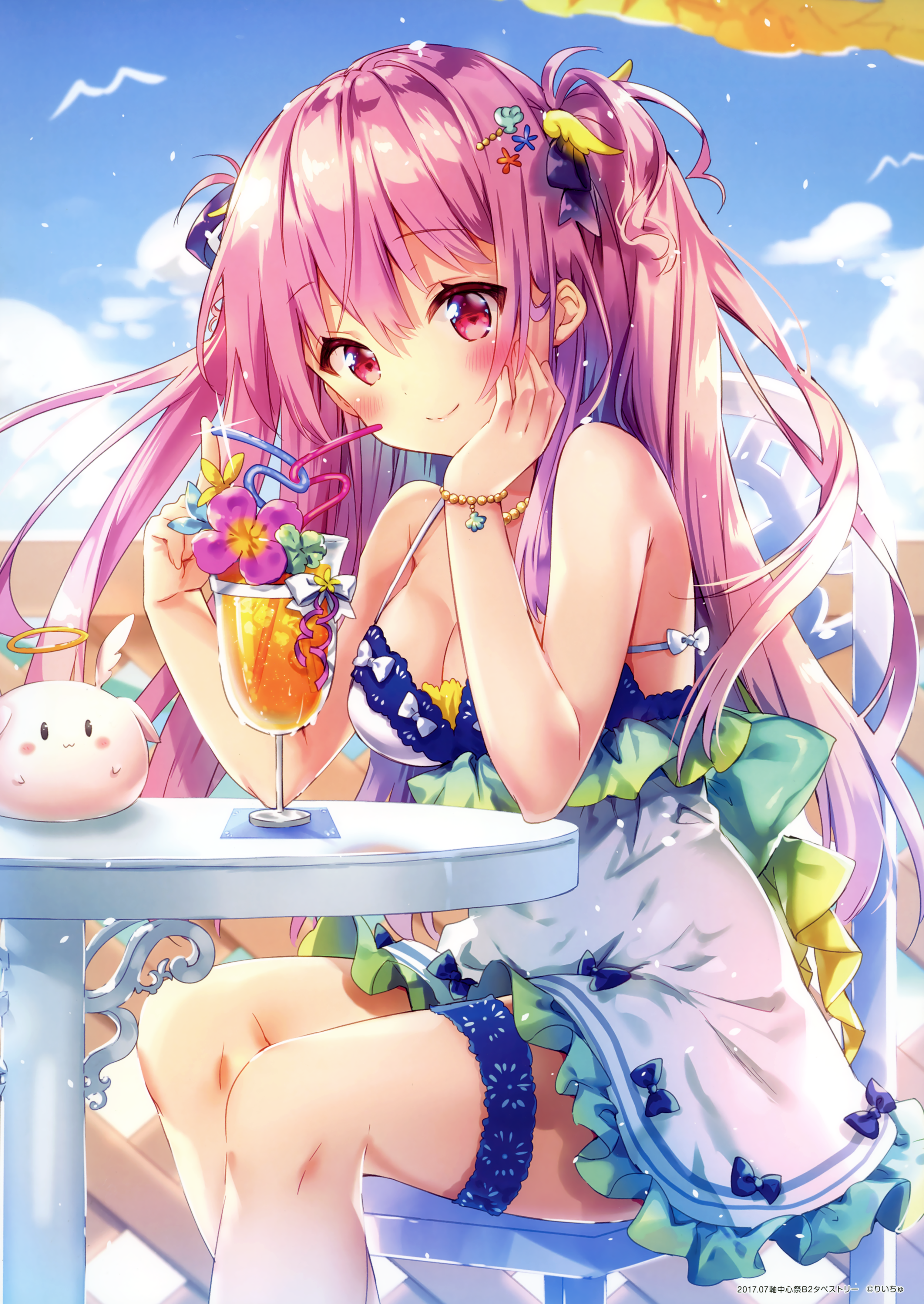 Anime 3047x4300 anime girls Riichu Rianastia Flugel pink hair long hair twintails sky looking at viewer dress white dress blushing smiling pink eyes cocktails drink sun dress cleavage boobs flowers hair ornament clouds bow tie legs garter (cloth) gold bracelet portrait display chair loli