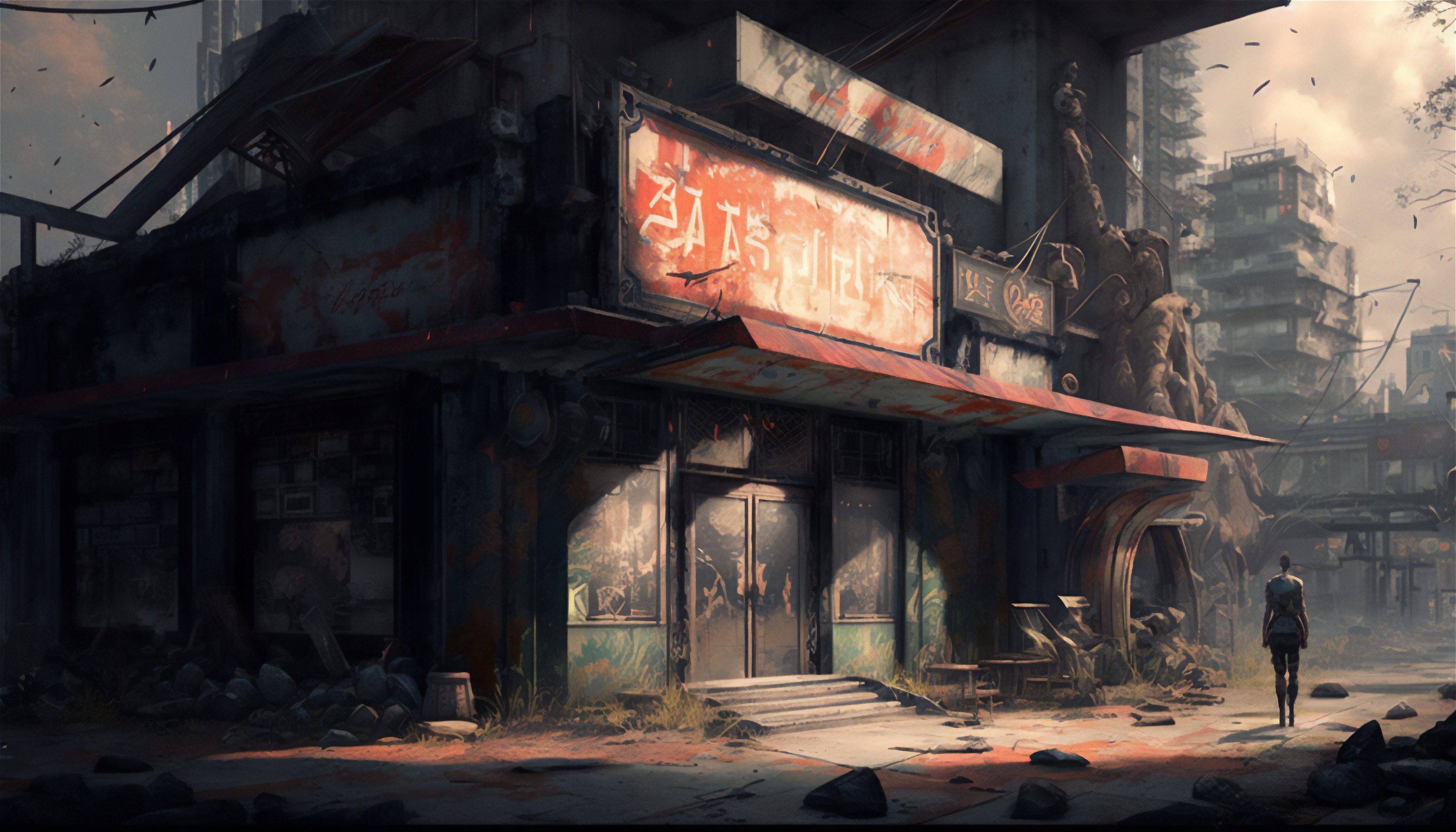 General 3136x1792 AI art cyberpunk city illustration post apocalypse building