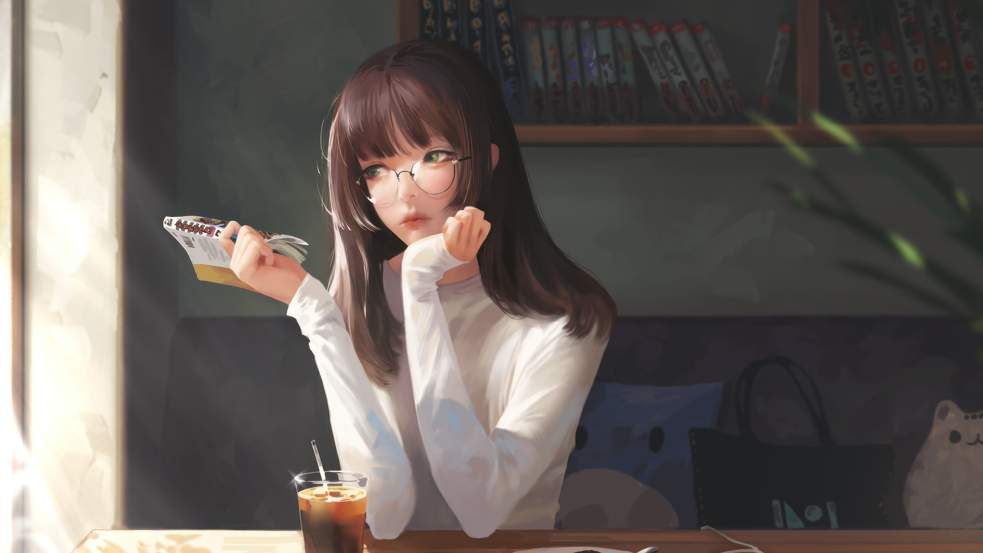 Anime 3840x2160 original characters cafe books brunette looking away glasses anime girls drink