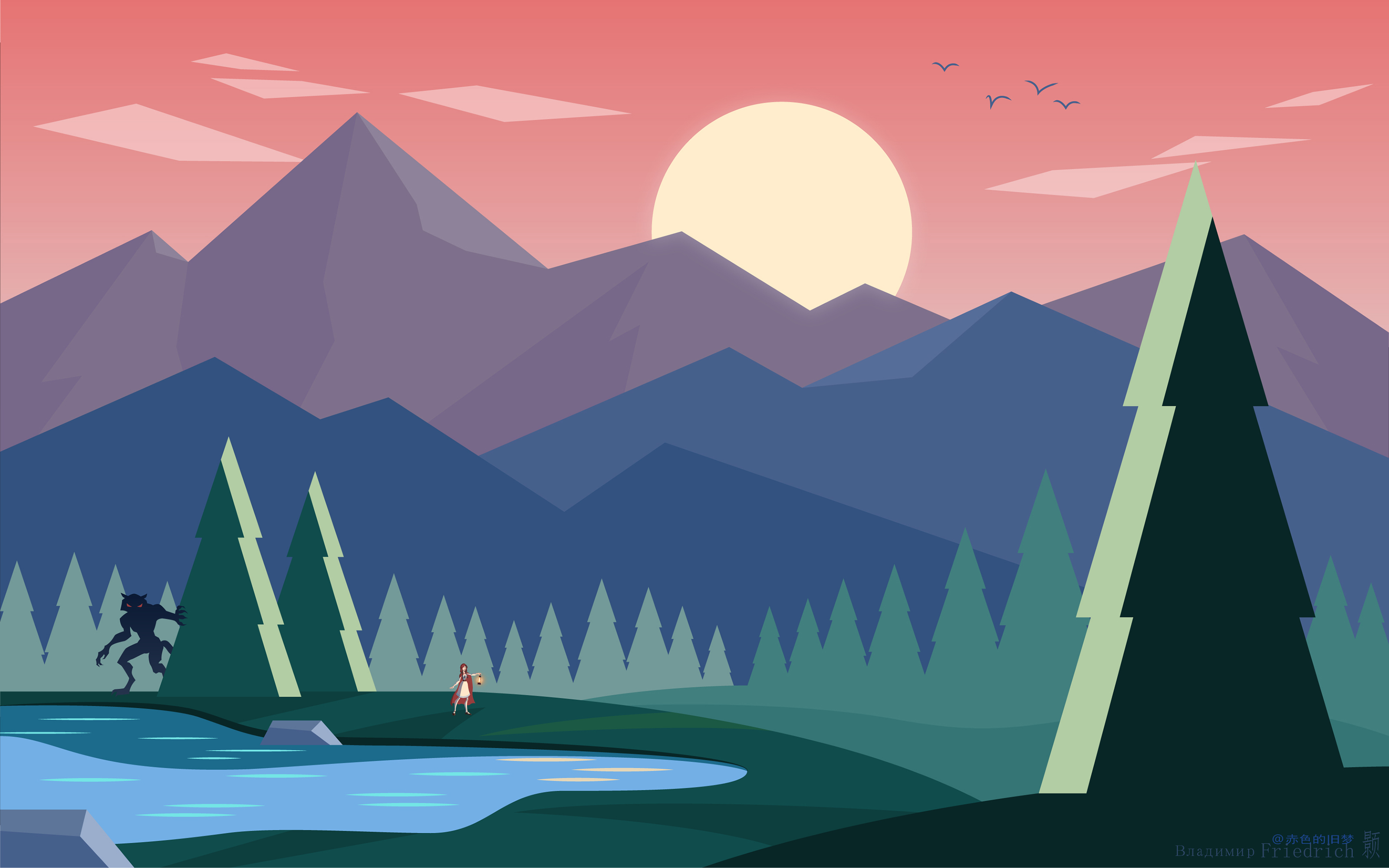 General 3200x2000 Flatdesign landscape Little Red Riding Hood nature wolf trees mountains water