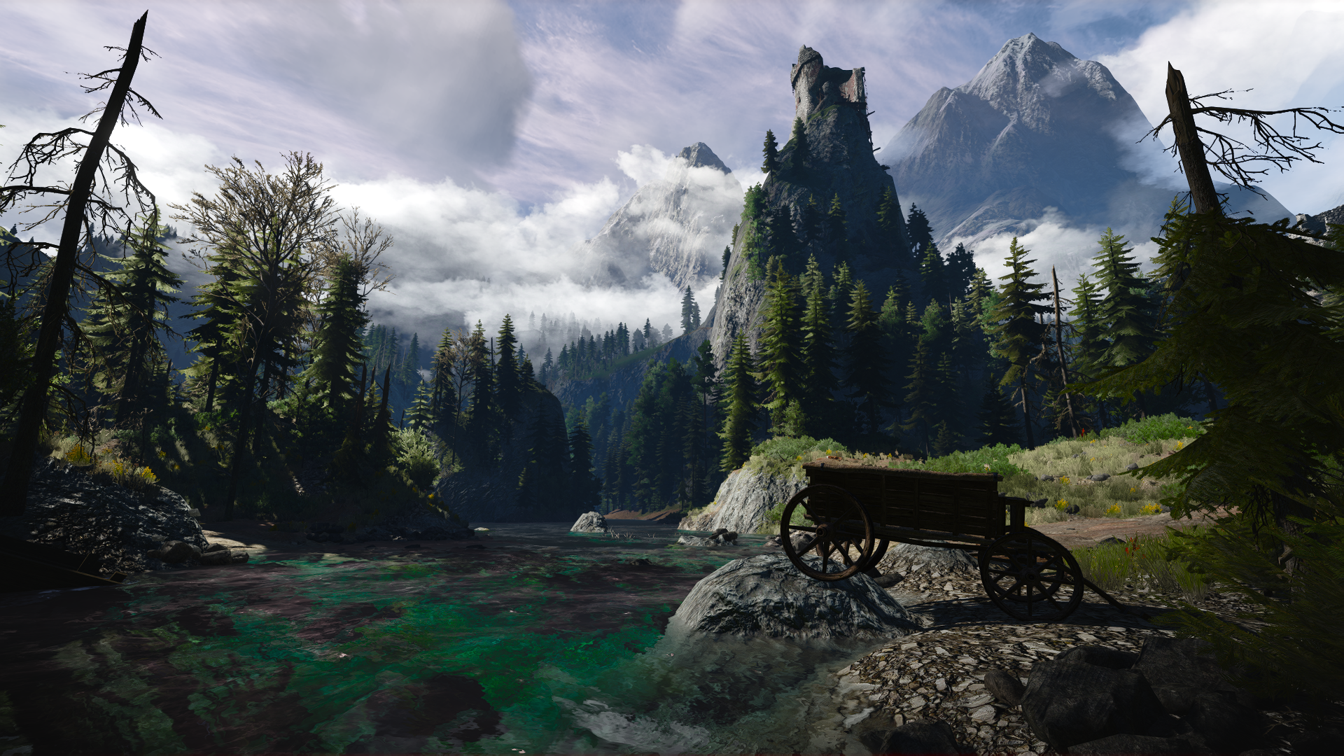 General 1920x1080 The Witcher 3: Wild Hunt video game landscape CD Projekt RED CGI video games nature mountains trees clouds sky water