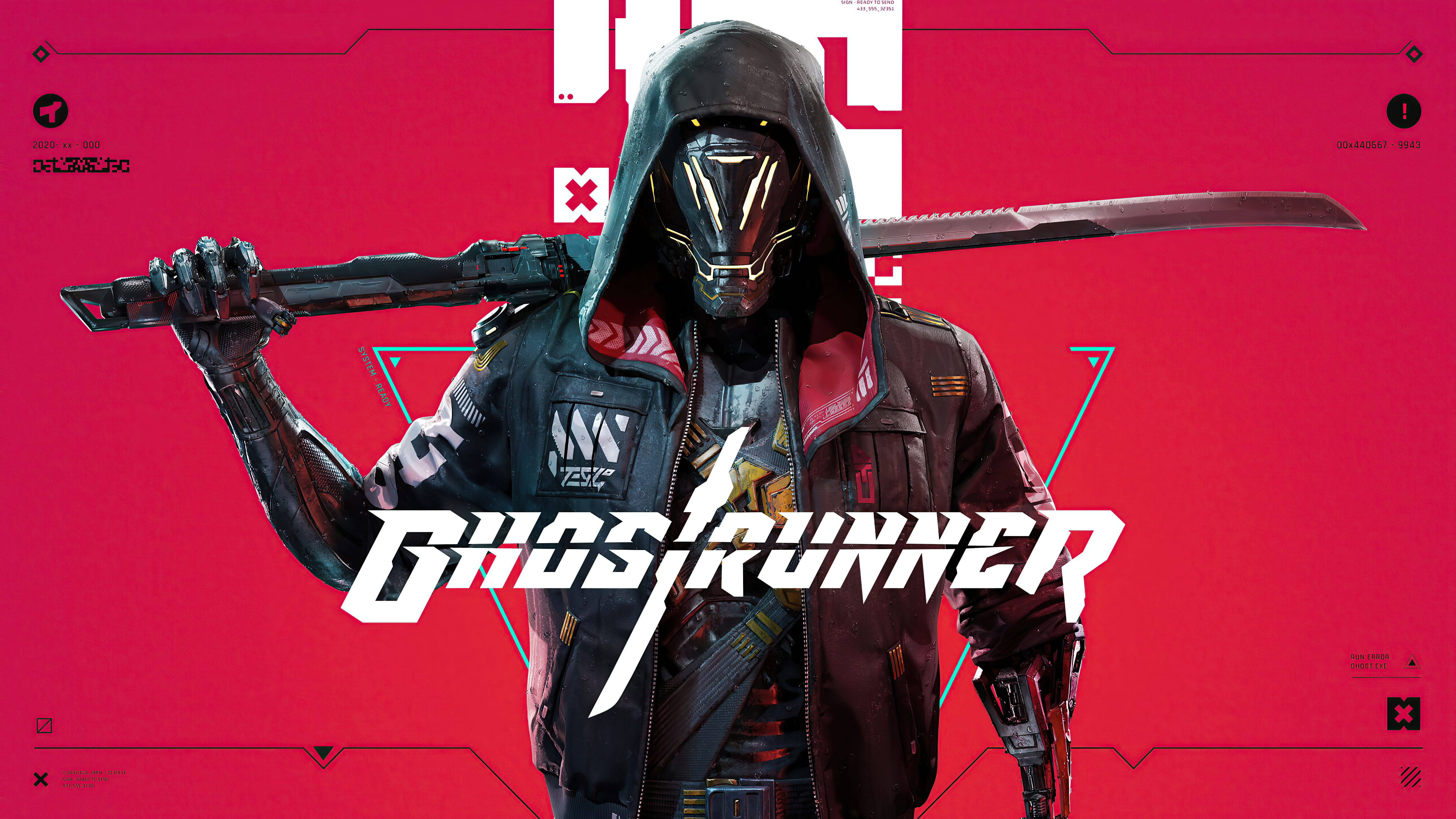 General 5120x2880 Ghost Runner poster cyberpunk sword red background simple background One More Level video games 505 Games