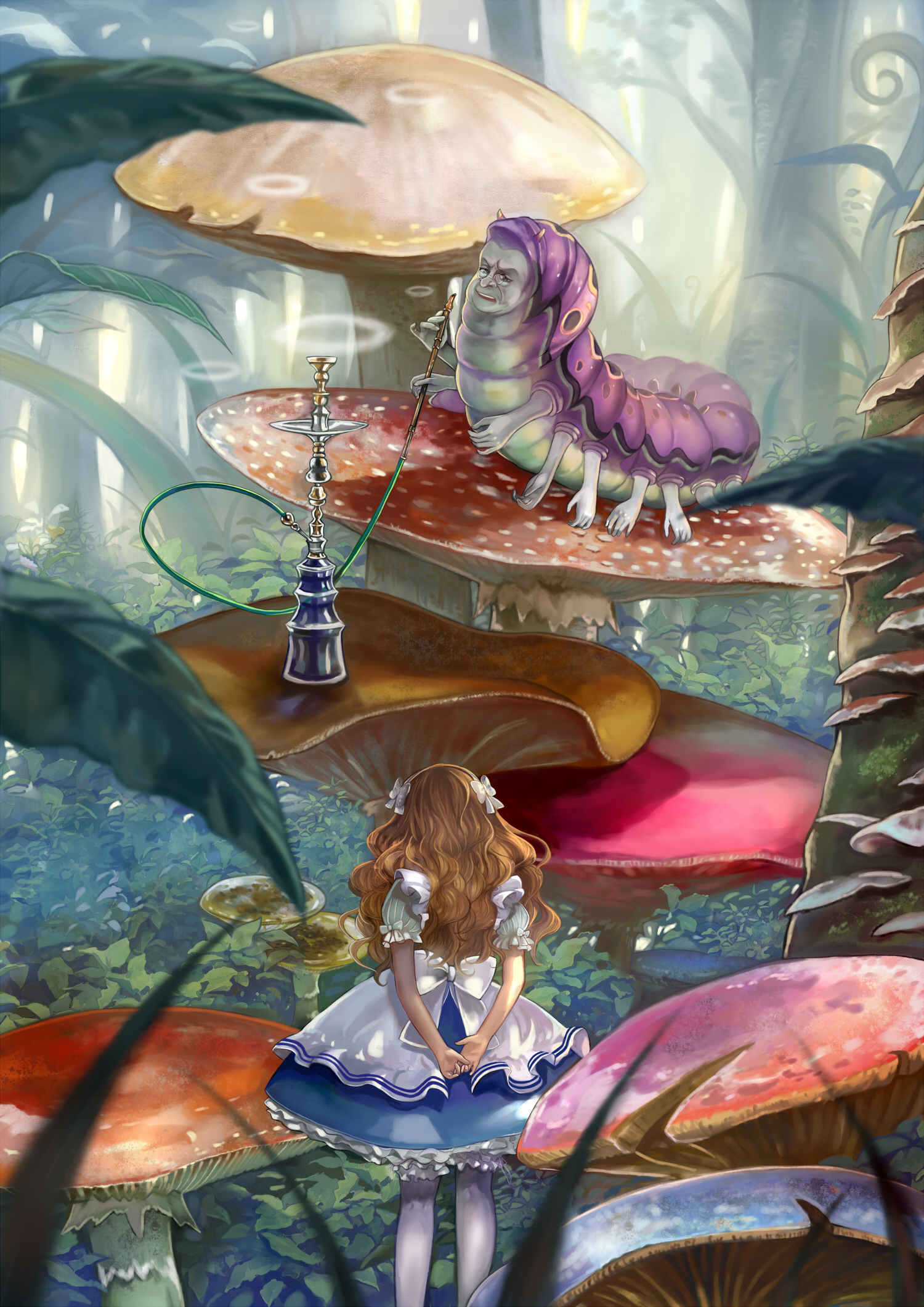Anime 1500x2121 anime girls Pisuke Alice in Wonderland forest blonde long hair white pantyhose trees leaves mushroom portrait display rear view grass foliage arm(s) behind back pantyhose creature