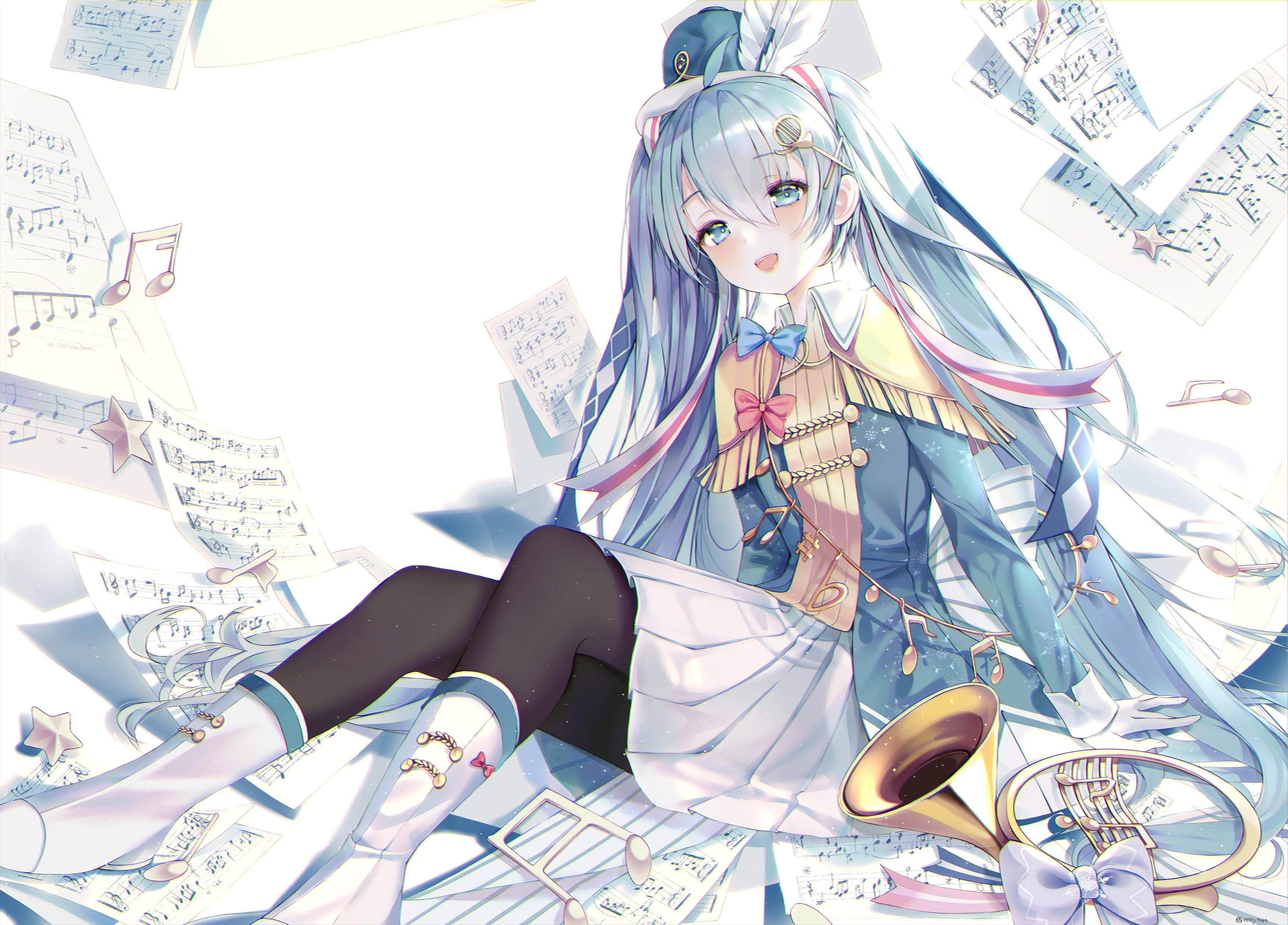 Anime 3500x2514 blue hair anime girls twintails musical notes musical instrument uniform hat Vocaloid Hatsune Miku gloves bow tie long hair stars black pantyhose