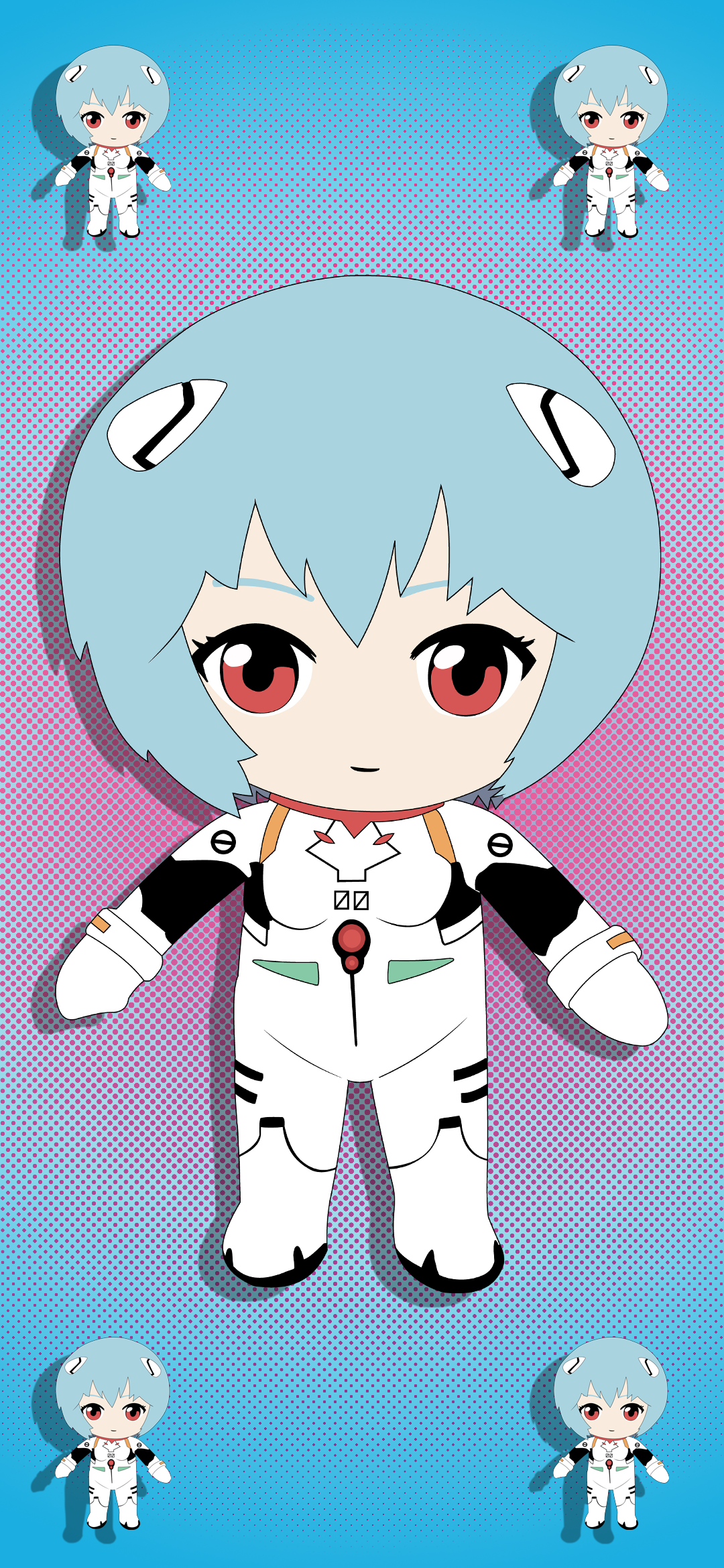 Anime 1080x2340 Ayanami Rei plush toy red eyes plugsuit white clothing smiling blue hair vector Vector trace white bodysuit Neon Genesis Evangelion looking at viewer gradient hairpins doll short hair chibi