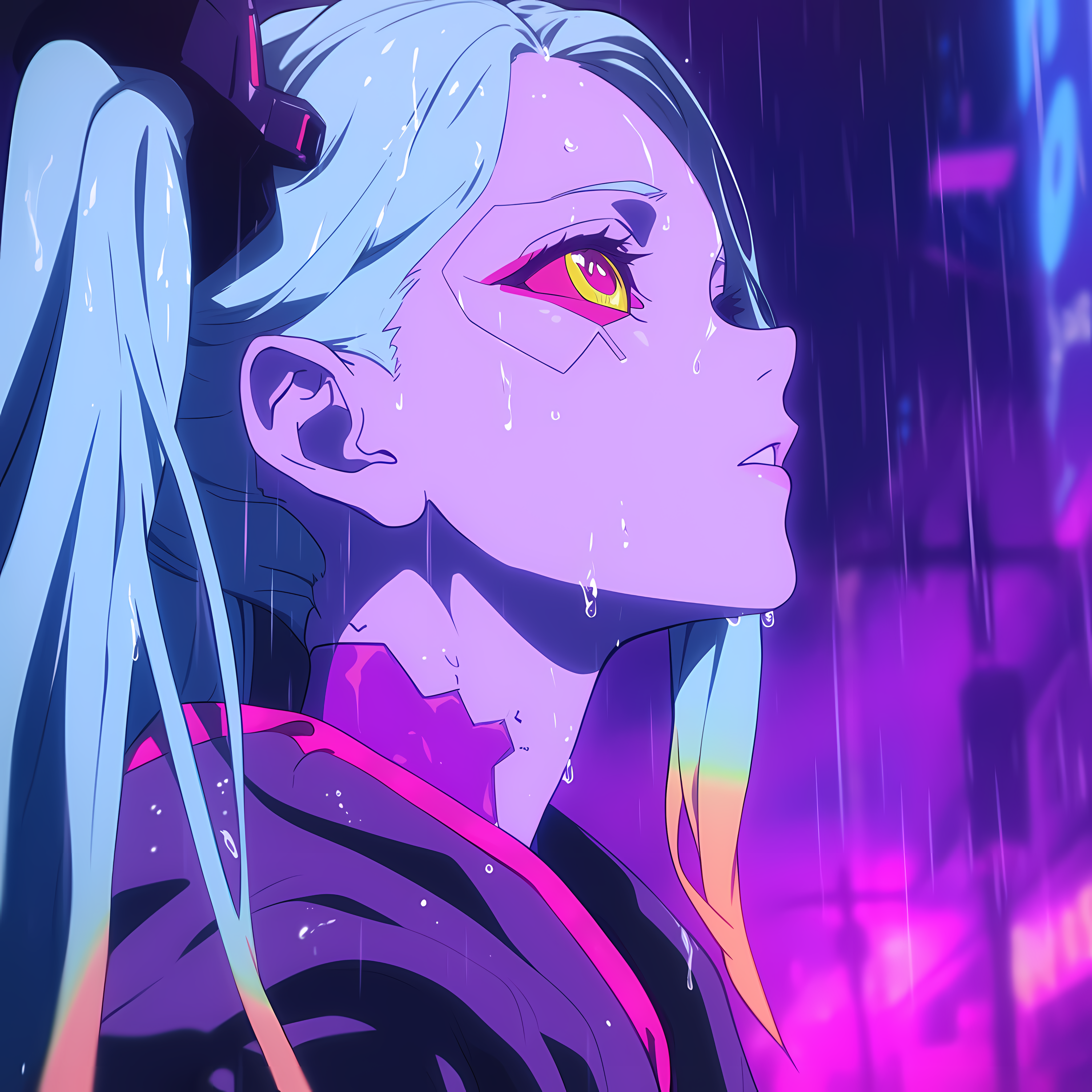 Anime 4096x4096 cyberpunk Cyberpunk 2077 Cyberpunk: Edgerunners Rebecca (Edgerunners) AI art anime girls anime girls with guns rain sad eyes