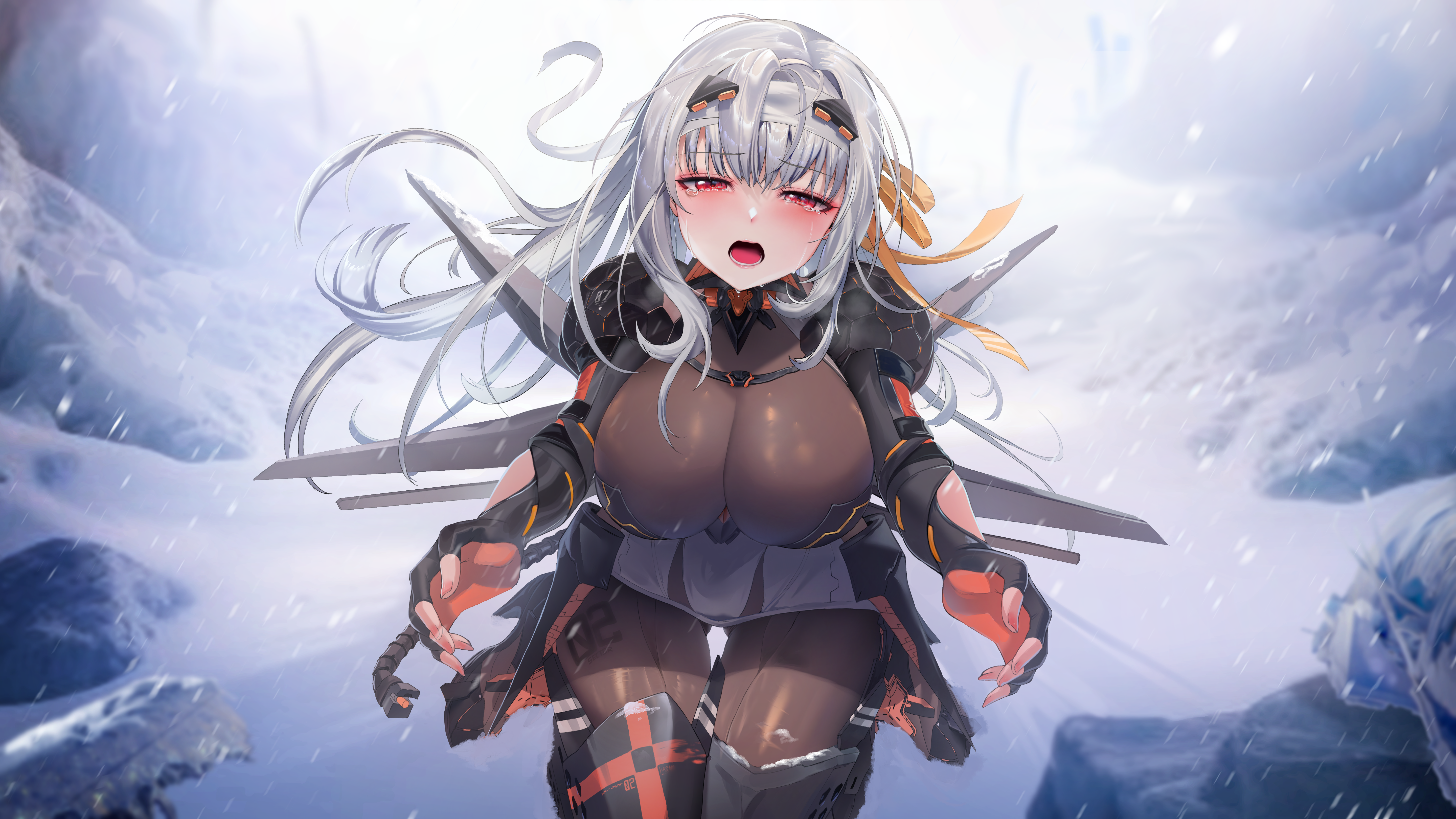 Anime 5760x3240 Pixiv anime anime girls big boobs Nikke: The Goddess of Victory Zerocat Marian (NIKKE) Modernia (Nikke: The Goddess of Victory) looking at viewer blushing open mouth long hair huge breasts frontal view snow two tone gloves crying silver hair tears hair ornament headband bodystocking the gap