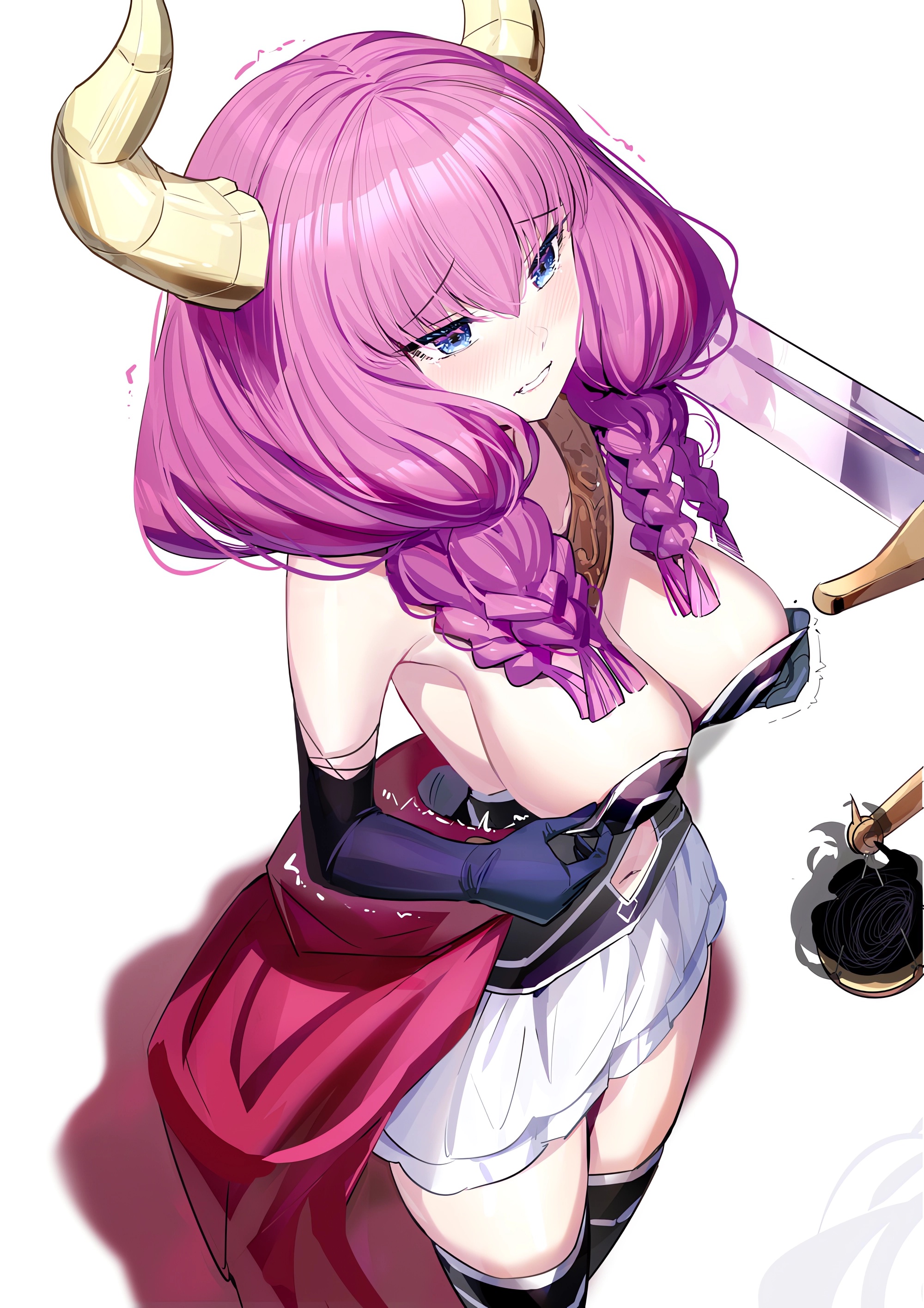 Anime 2000x2830 anime anime girls blushing horns Sousou No Frieren bright Aura (Sousou no Frieren) simple background braids white background standing big boobs cleavage hair between eyes gloves elbow gloves blue eyes Ririko skirt thighs pink hair parted lips shaking portrait display terrified weapon sword belly button