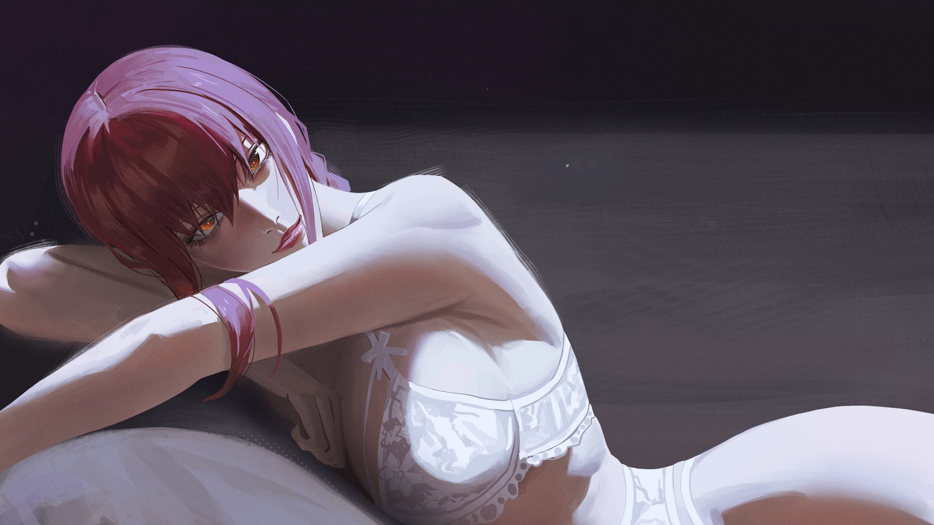 Anime 1920x1080 Makima (Chainsaw Man) Chainsaw Man in bed white lingerie white bra Rasipan looking at viewer simple background anime anime girls closed mouth ringed eyes long hair lying down lying on front big boobs smiling redhead yellow eyes cropped bare shoulders garter belt white panties white underwear