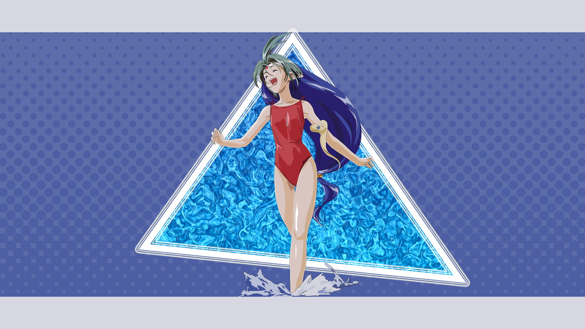 Anime 1920x1080 Macross Dynamite 7 Hollie Elma red swimsuit two tone hair green hair blue hair water water splash snake closed eyes headband thighs one-piece swimsuit open mouth anime girls vector Vector trace blue background triangle long hair running