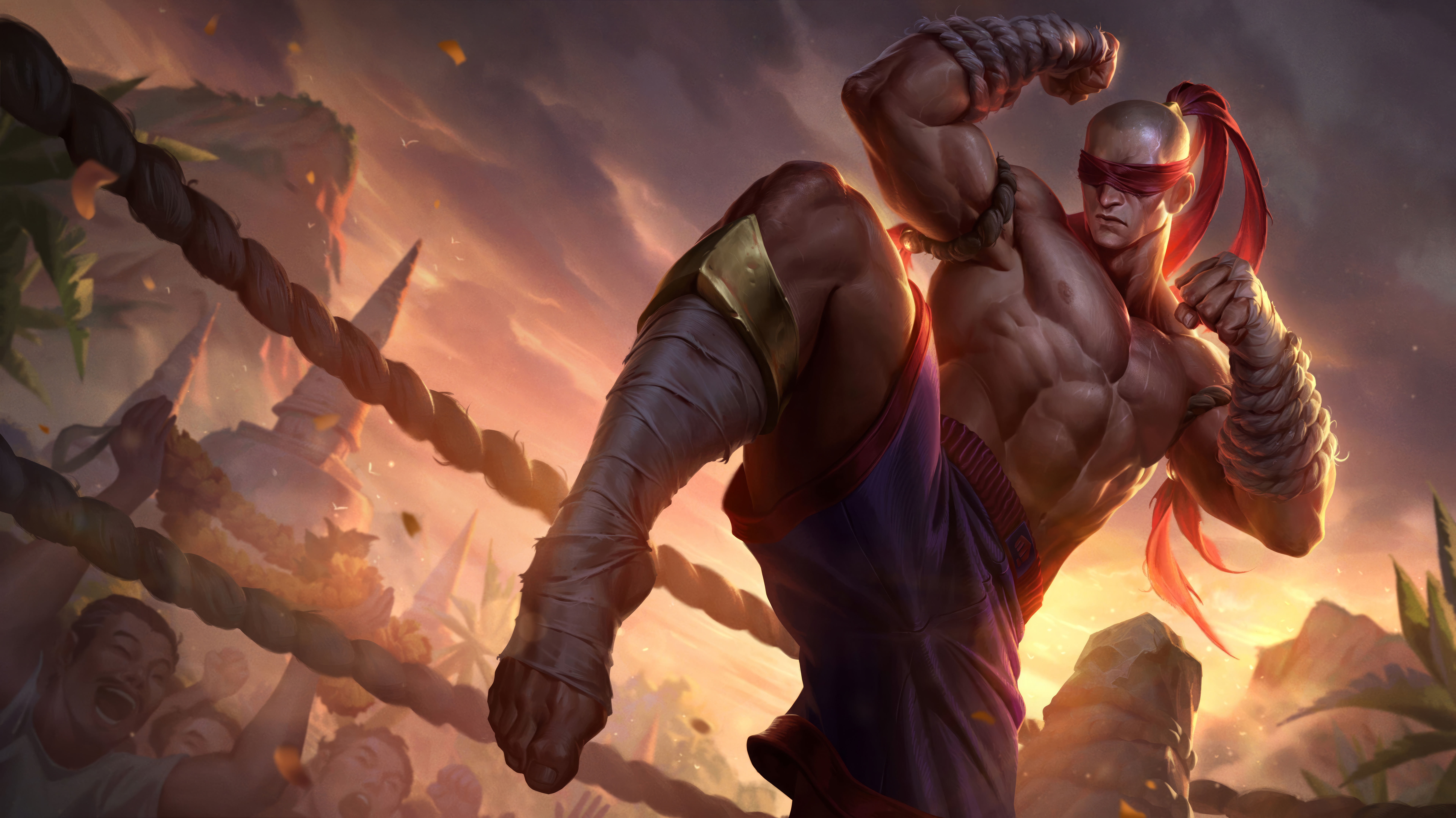General 7680x4320 Lee Sin (League of Legends) digital art Riot Games GZG video games League of Legends muscles video game characters 4K sunset sunset glow blindfold covered eye(s) open mouth crowds leaves toes sky clouds standing standing on one leg fist shirtless bandages petals video game men video game art shorts