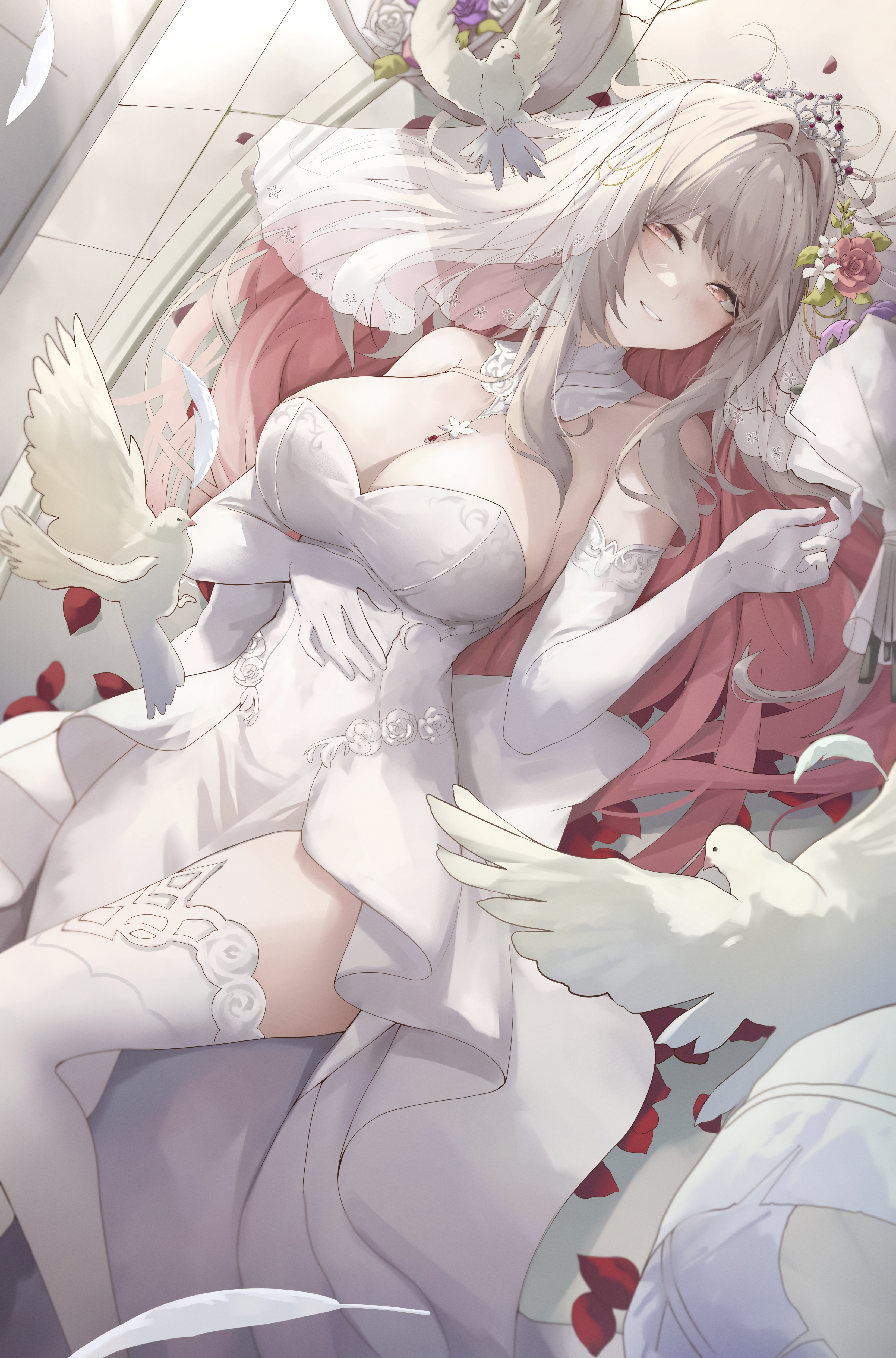 Anime 3300x5000 anime anime girls portrait display birds long hair looking at viewer lying down lying on back elbow gloves gloves white gloves cleavage big boobs parted lips original characters skinny white dress feathers dove dress thighs tiaras veils rose bouquet flowers blushing pink eyes bare shoulders bangs two tone hair on the floor white thigh highs legs thigh-highs petals