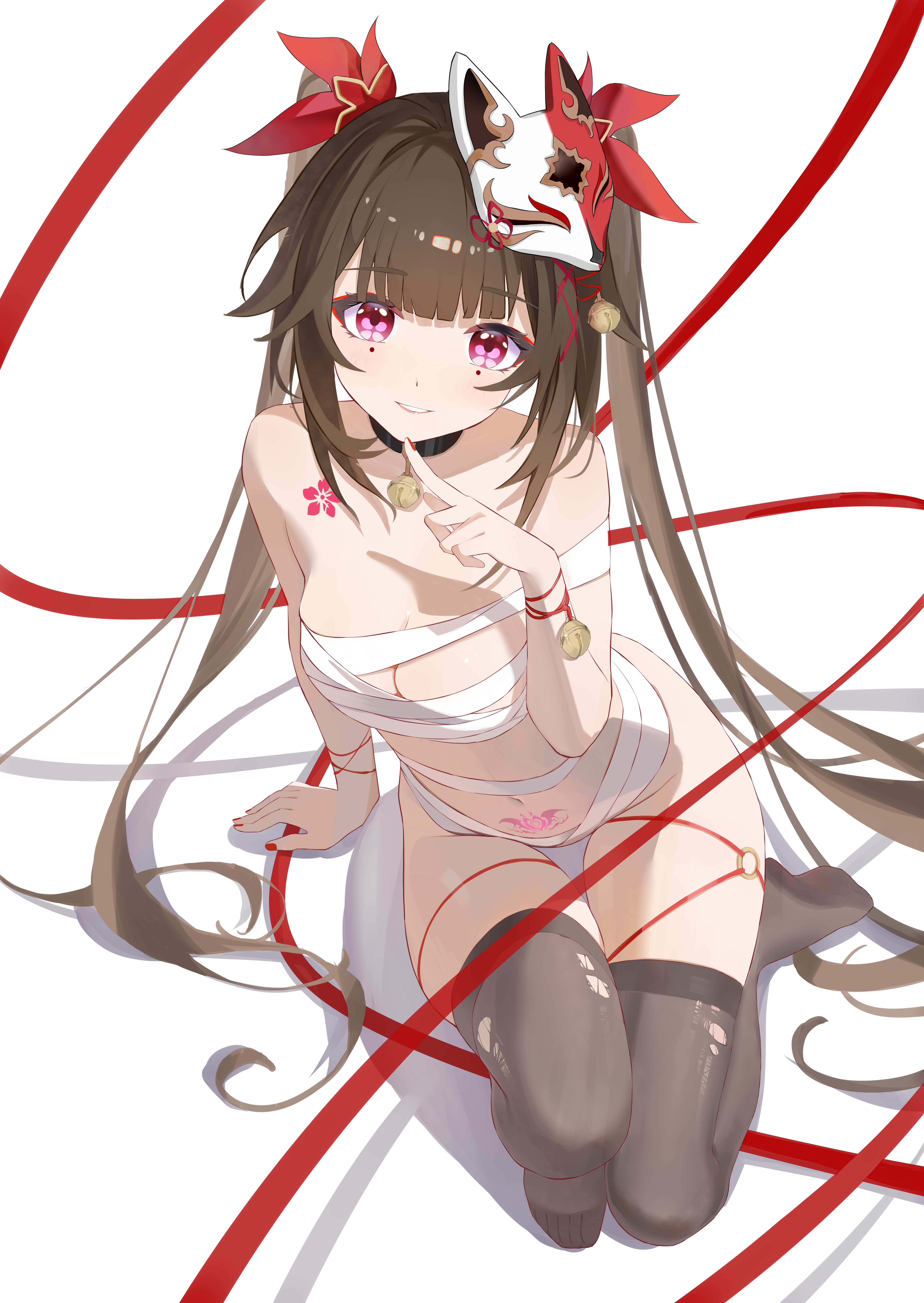Anime 5787x8157 anime games anime girls Sparkle (Honkai: Star Rail) Honkai: Star Rail Blhazx simple background anime white background smiling black stockings stockings fox mask womb tattoo looking at viewer bandages big boobs twintails thighs bells bangs kneeling parted lips long hair hair ornament collar torn stockings painted nails red nails ribbon red ribbon brunette purple eyes skinny