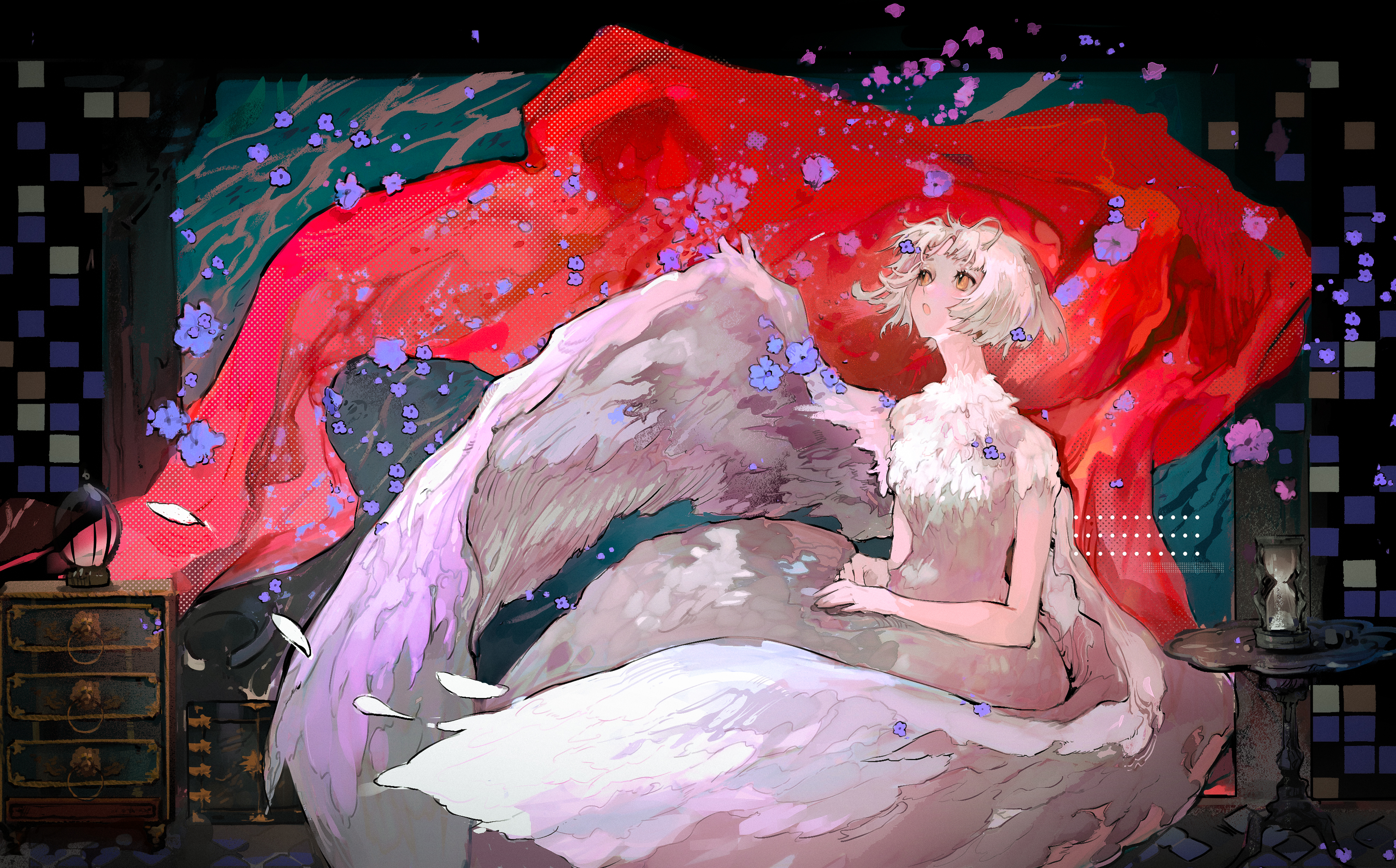 Anime 4000x2488 Pixiv wings anime anime girls looking away TY-wupupu white hair open mouth yellow eyes rose dress skinny white dress hourglasses looking up flowers table