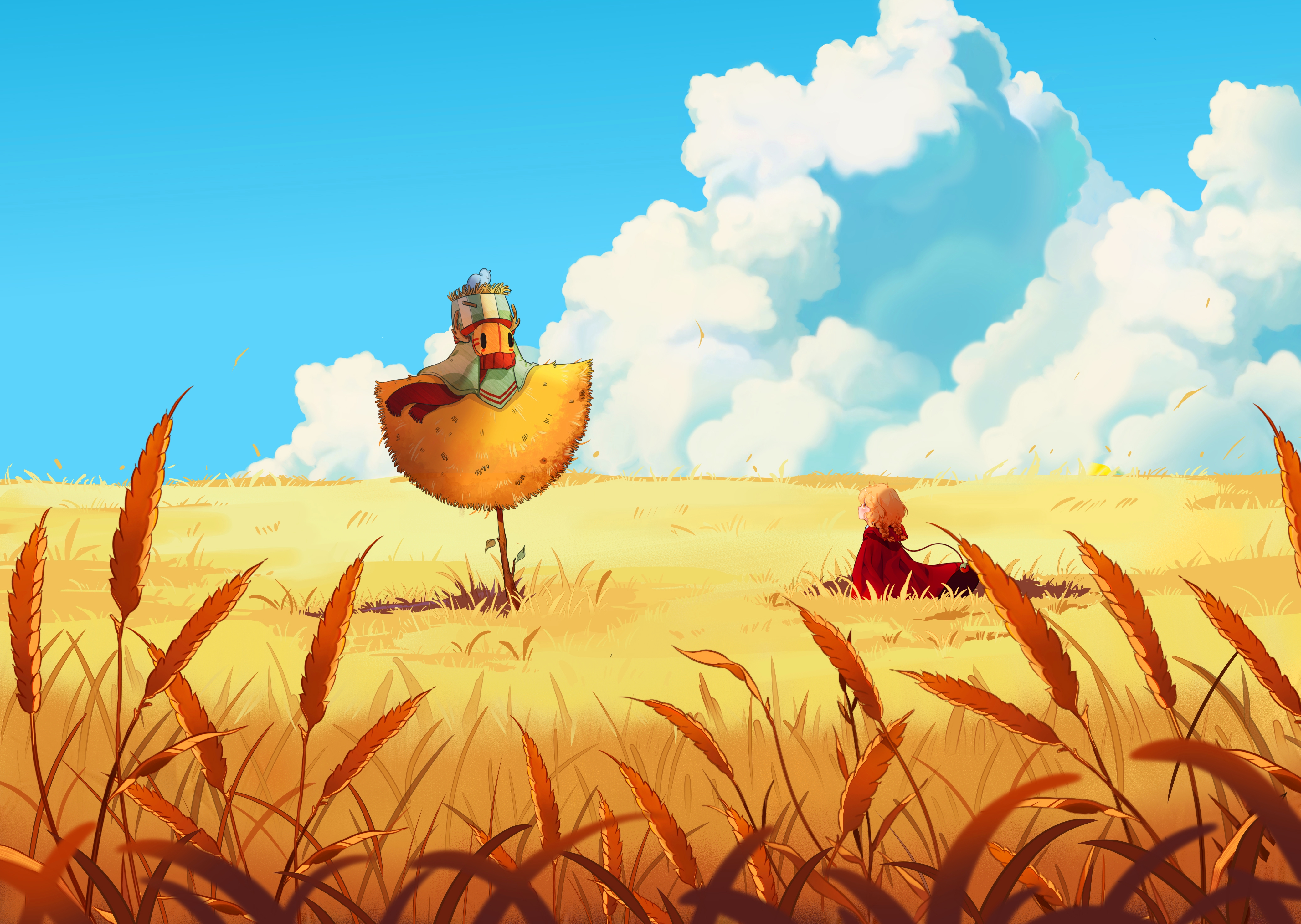 Anime 4156x2953 Touyachann looking up wheat field hoods women outdoors clouds red coat twintails scarecrows nests sky landscape red hoodie