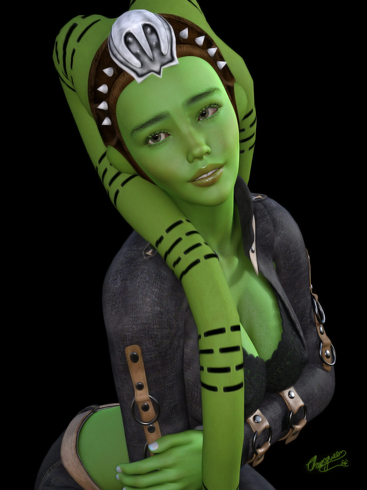 General 1200x1600 green skin Twi'lek Star Wars women cleavage skimpy clothes looking at viewer big boobs black background spikes signature parted lips juicy lips portrait display simple background CGI