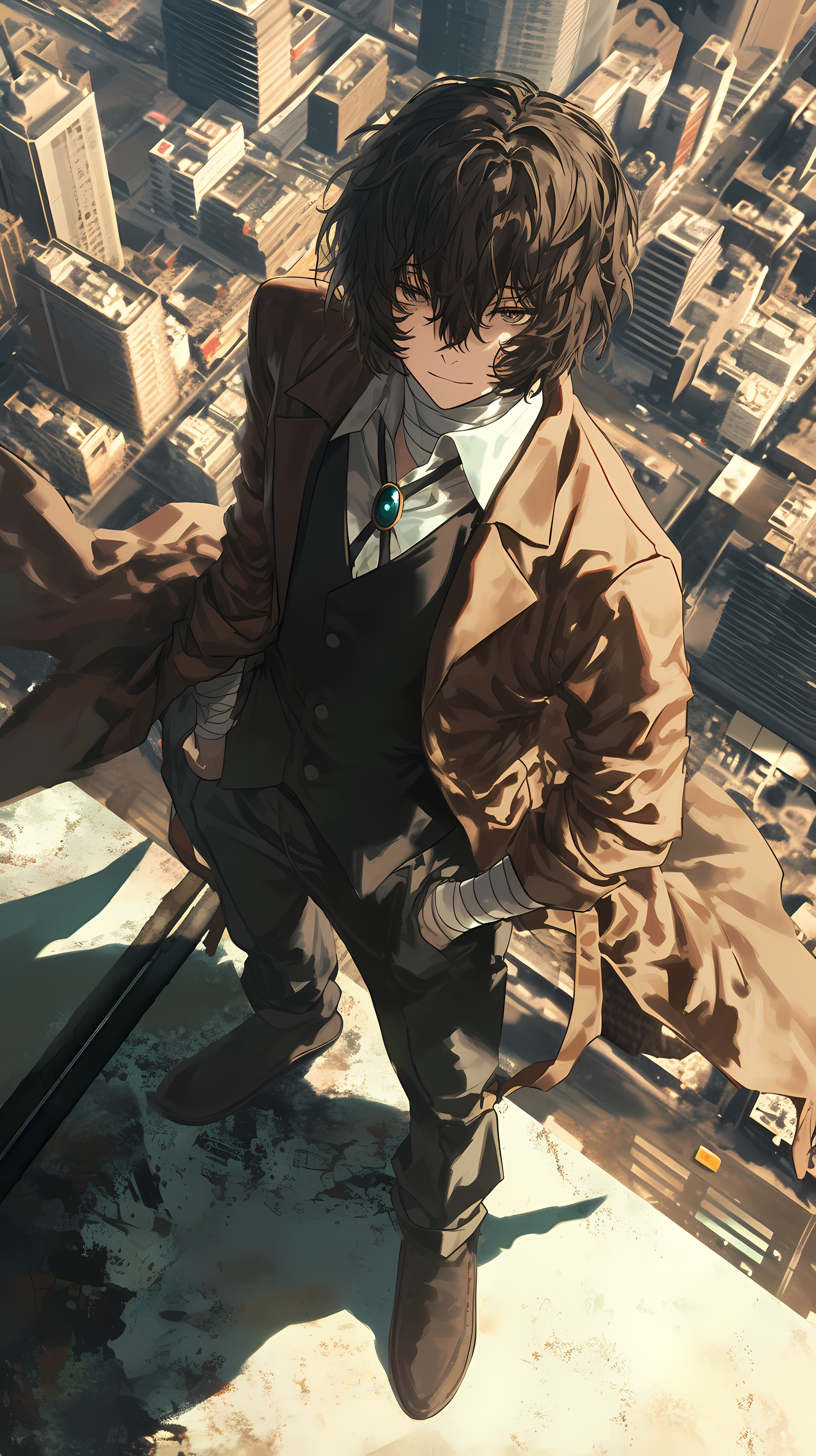 Anime 3264x5824 high angle AI art Dazai Osamu Bungou Stray Dogs rooftops skyscape skyscraper city edge