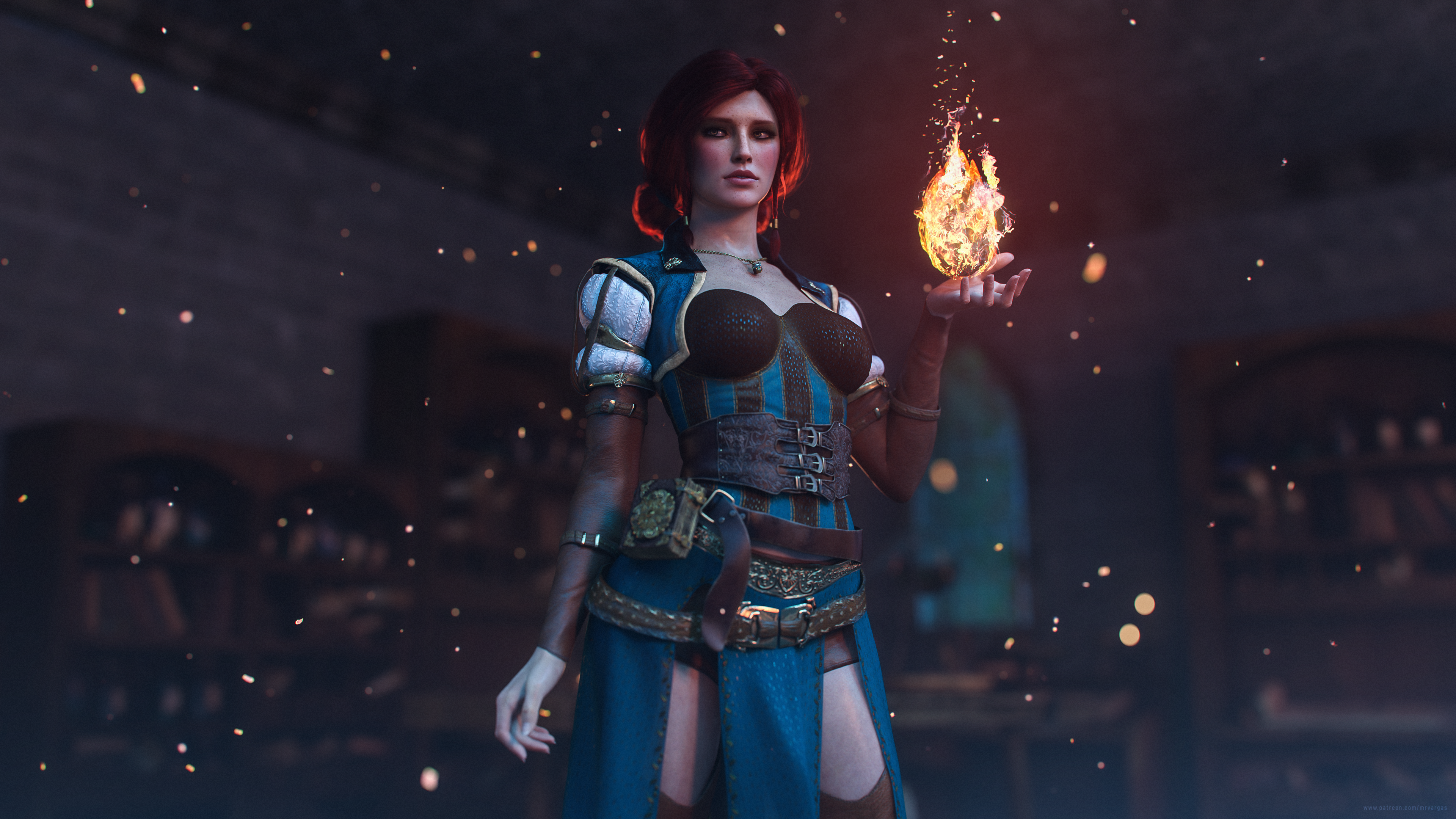 General 3840x2160 The Witcher 3: Wild Hunt Triss Merigold video games video game characters CGI book characters standing video game girls fire CD Projekt RED short hair blurry background magic looking at viewer necklace juicy lips parted lips video game art screen shot straps