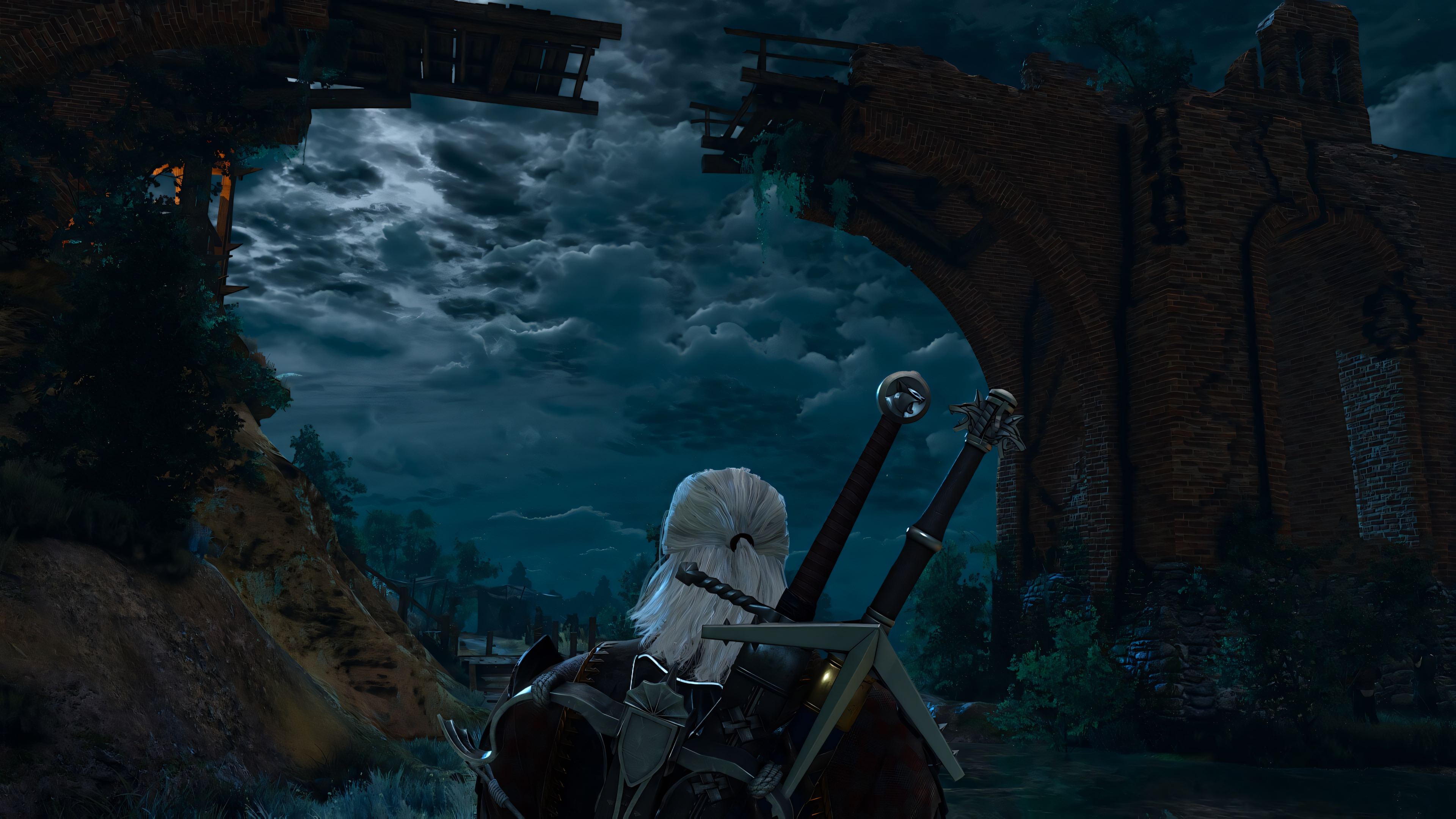 General 3840x2160 Geralt of Rivia The Witcher 3: Wild Hunt – Hearts of Stone The Witcher 3: Wild Hunt The Witcher 3: Wild Hunt - Blood and Wine traveler night sky architecture video game art video games sword white hair overcast